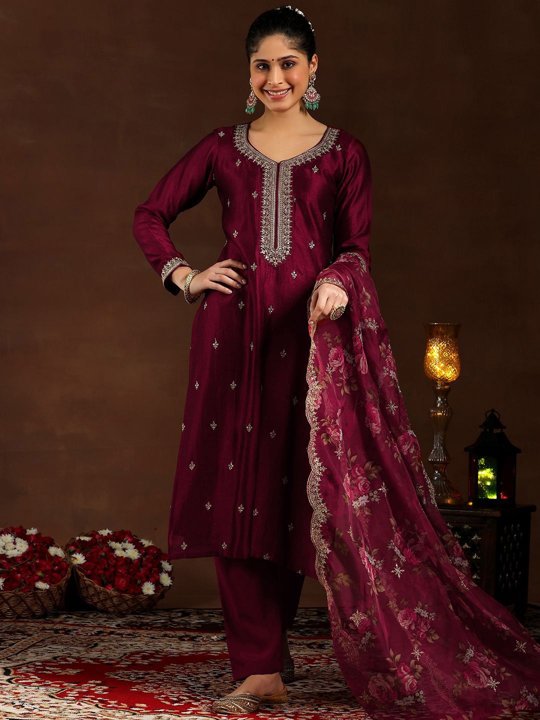 Dhiyona LB Women's Women Ethnic Motifs Embroidered Regular Kurta with Trousers & With Dupatta