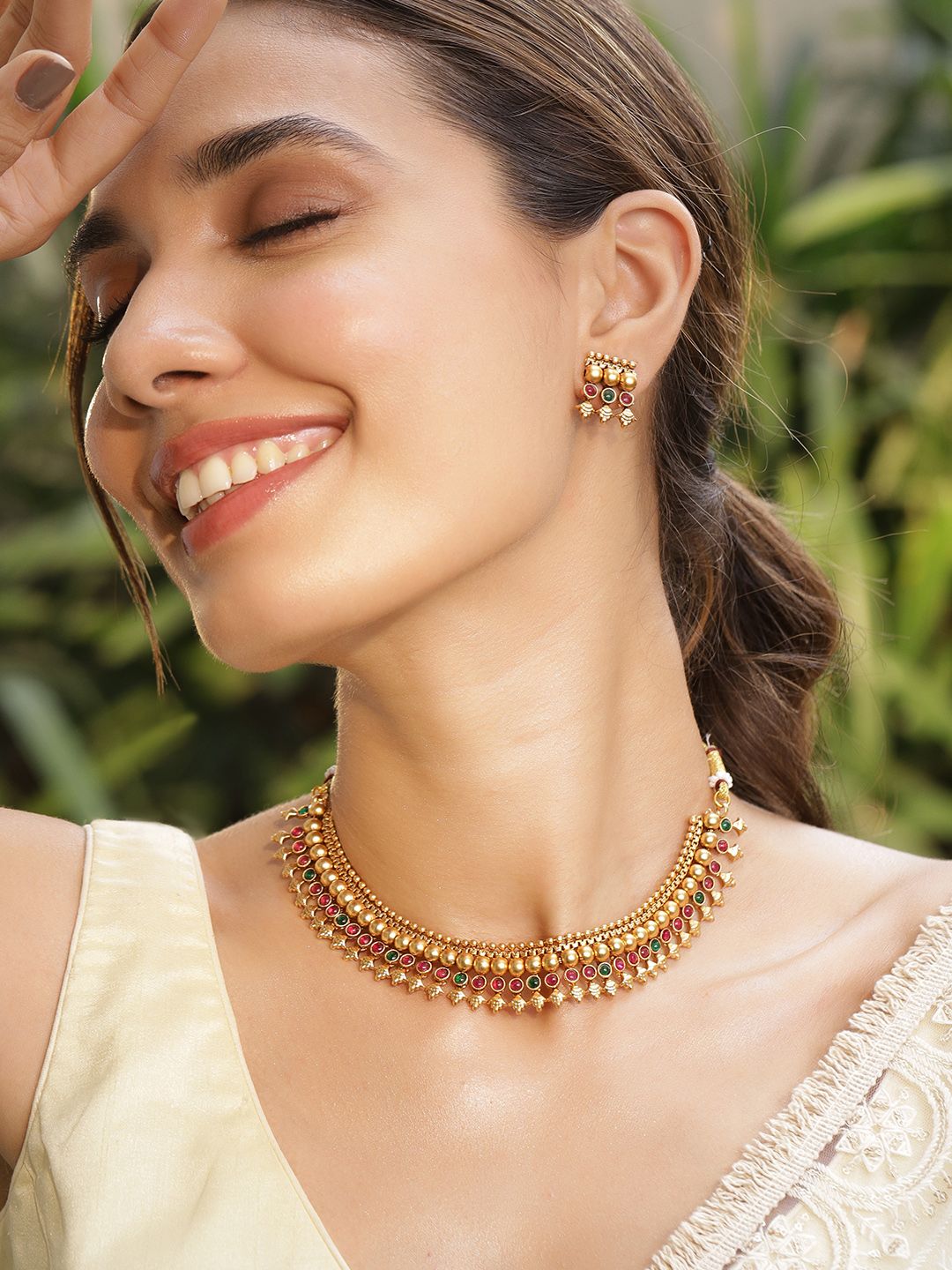 Dhiyona RJ Women's 22KT Gold Plated Brass Red & Green Stone Studded Necklace Set