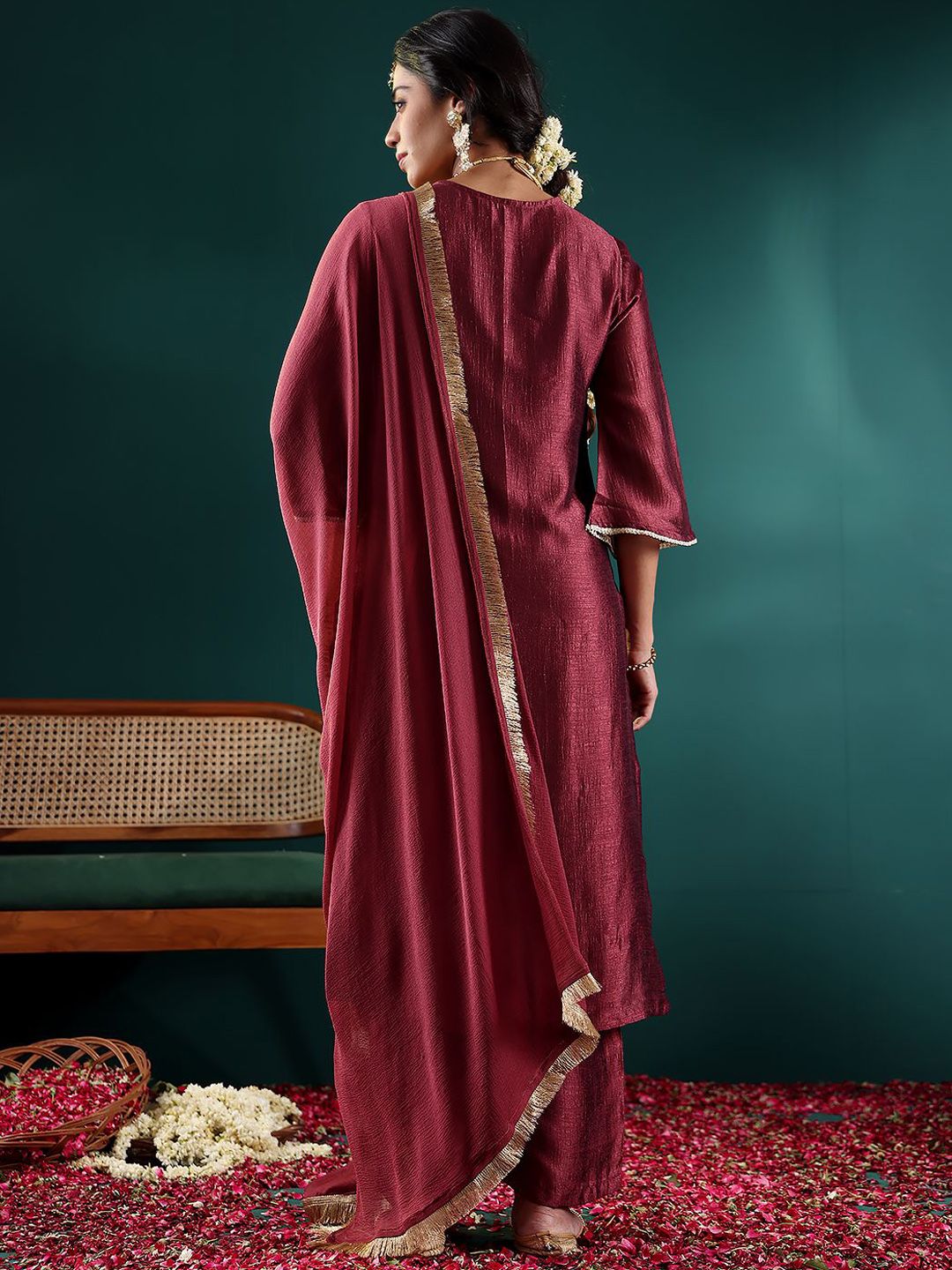 Dhiyona VA Women's Ethnic Motifs Embroidered Regular Thread Work Kurta with Palazzos & With Dupatta