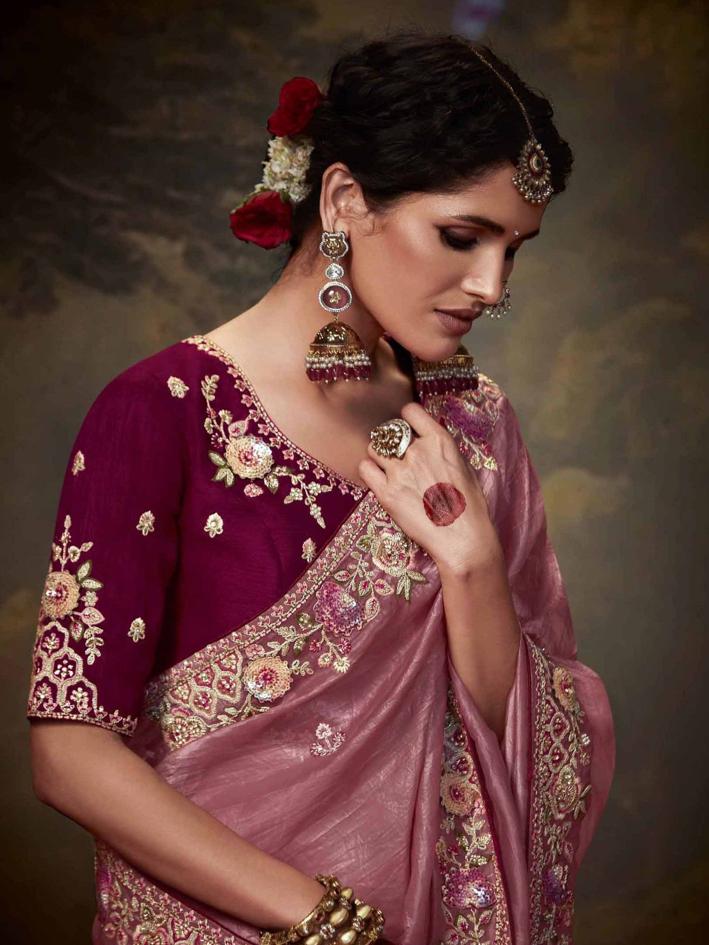 Dhiyona KM Women Rose Designer Organza Silk Saree