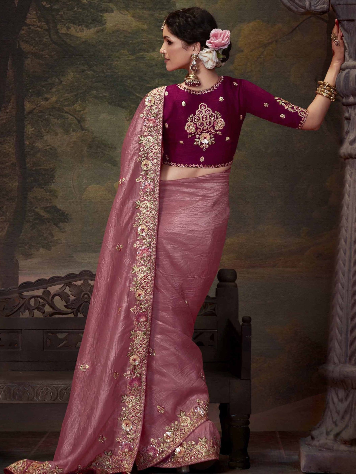 Dhiyona KM Women Rose Designer Organza Silk Saree