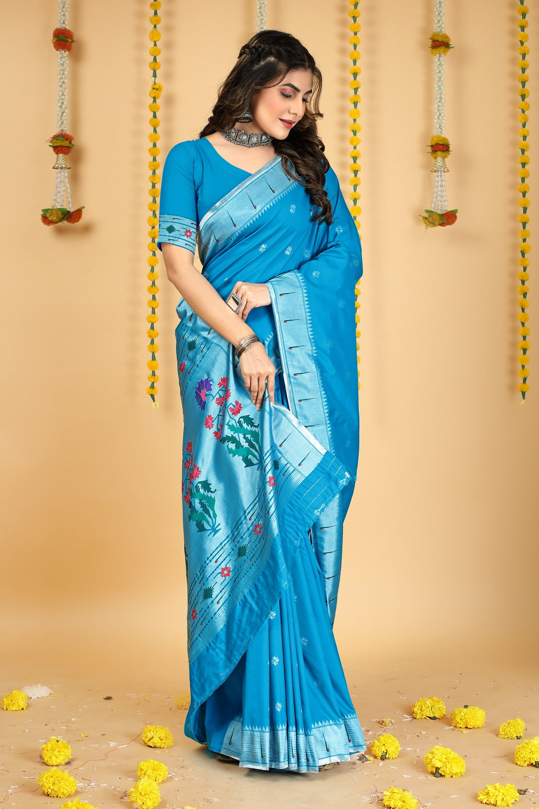 Dhiyona GR Women's Mastani 2 Cyan Blue Zari Paithani Silk Saree