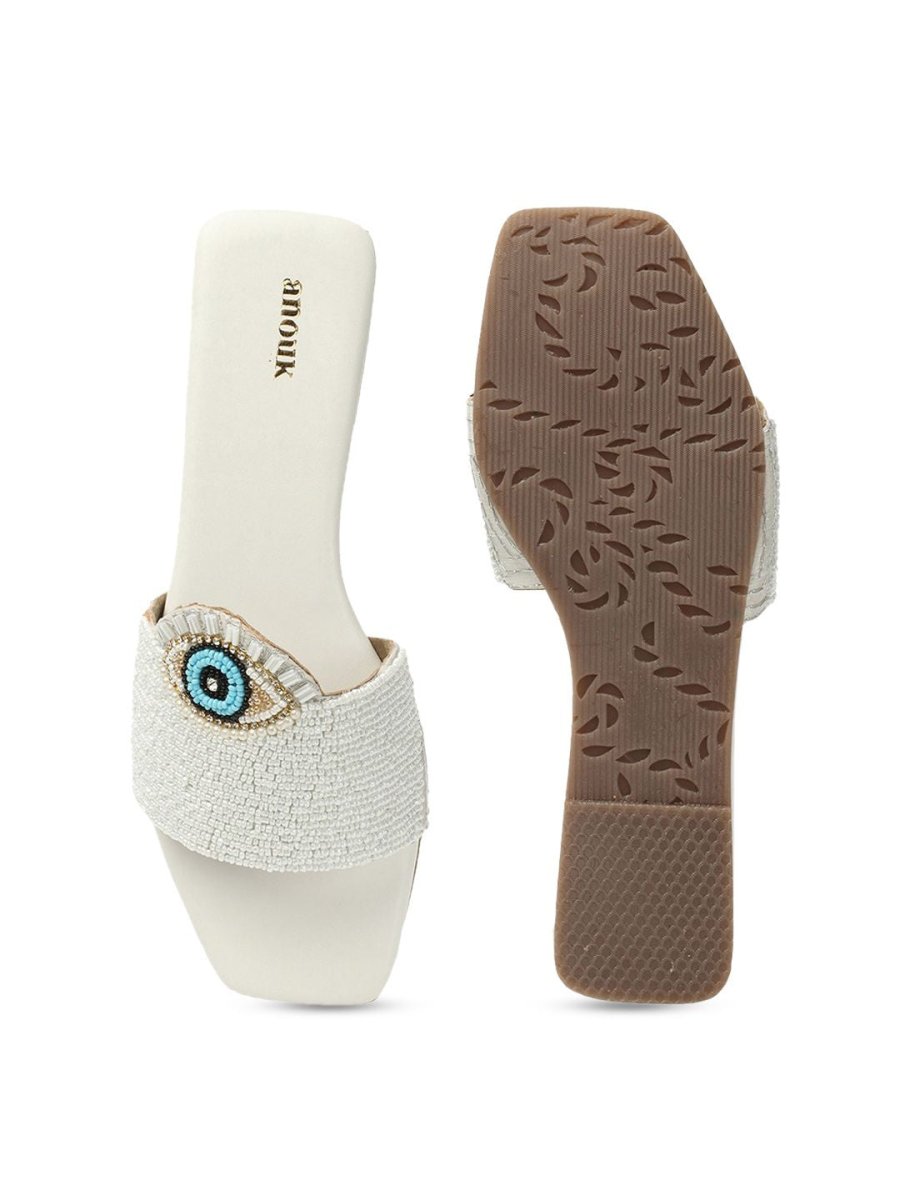 Dhiyona AK White & Blue Evil Eye Embellished Classic Open Toe Flats