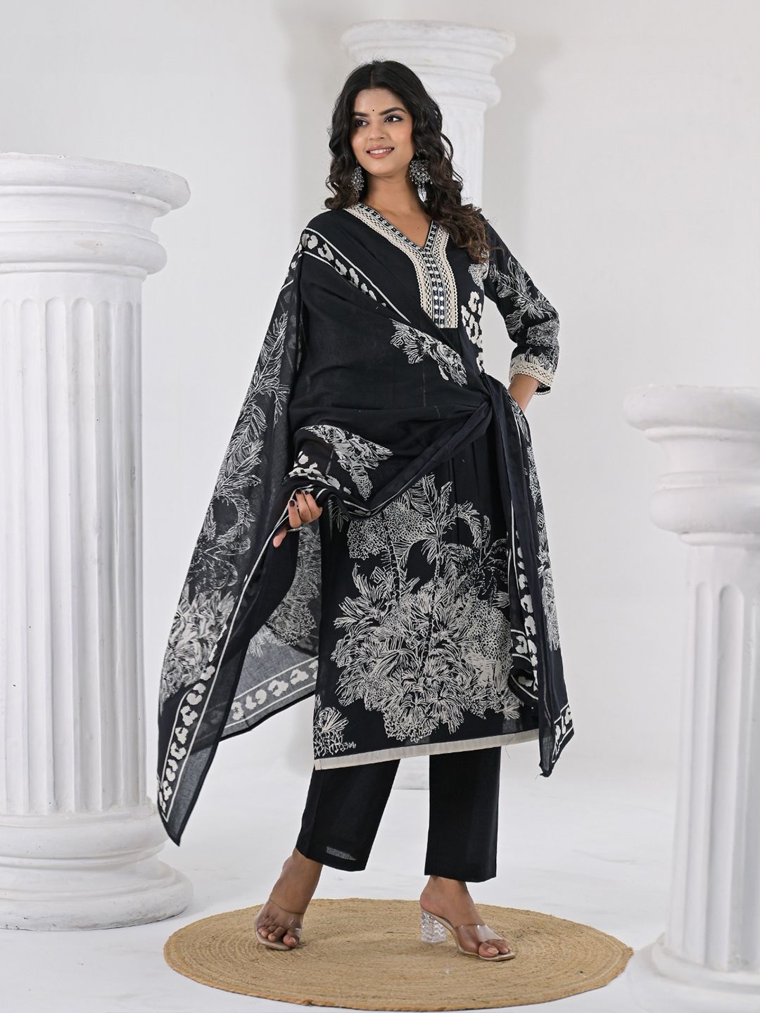 Dhiyona VA Women's Floral Printed Regular Thread Work Pure Cotton Kurta with Trousers & With Dupatta