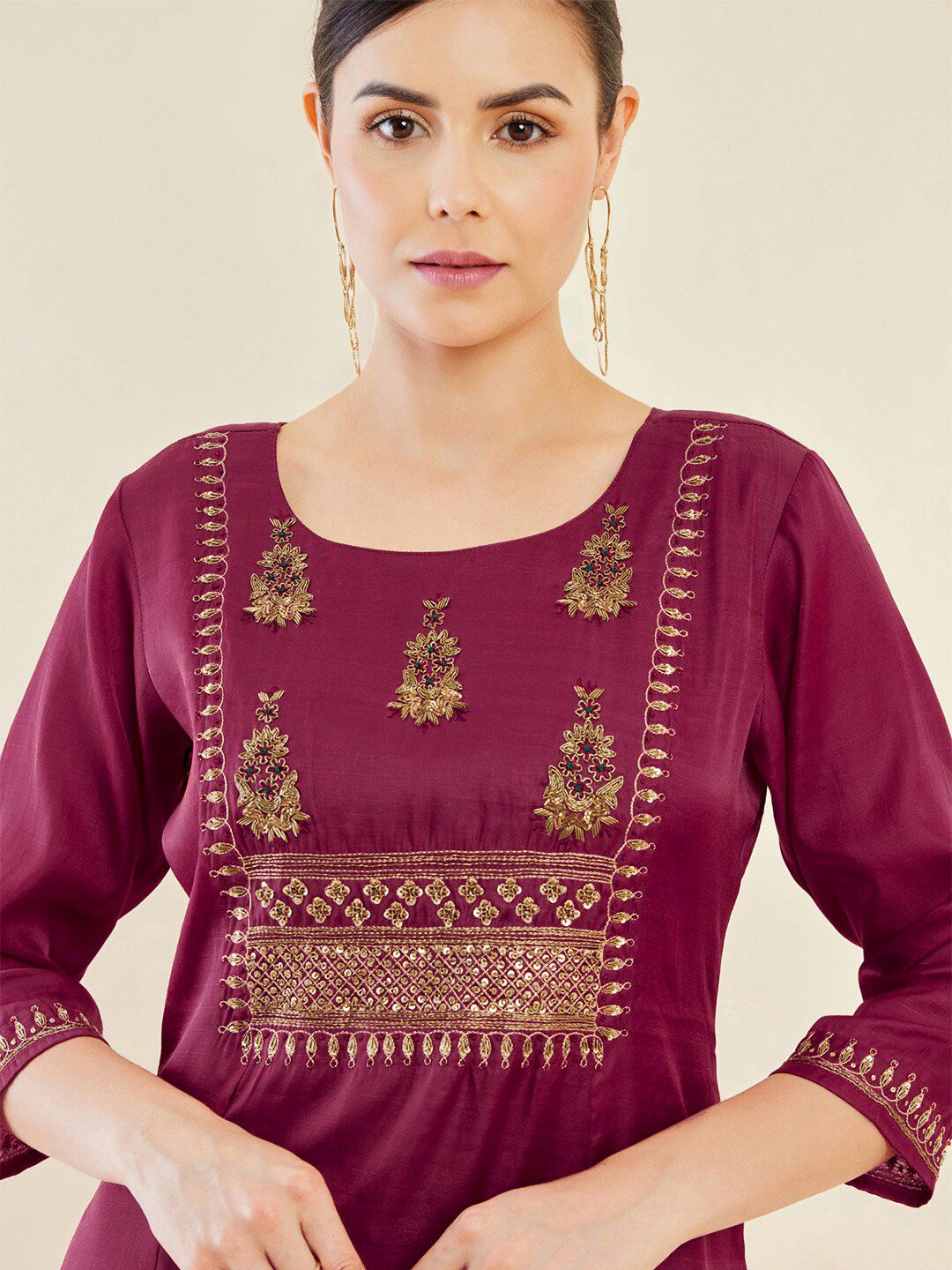 Dhiyona SO Women's Maroon Ethnic Motifs Embroidered Regular Sequinned A-Line Kurta With Trousers