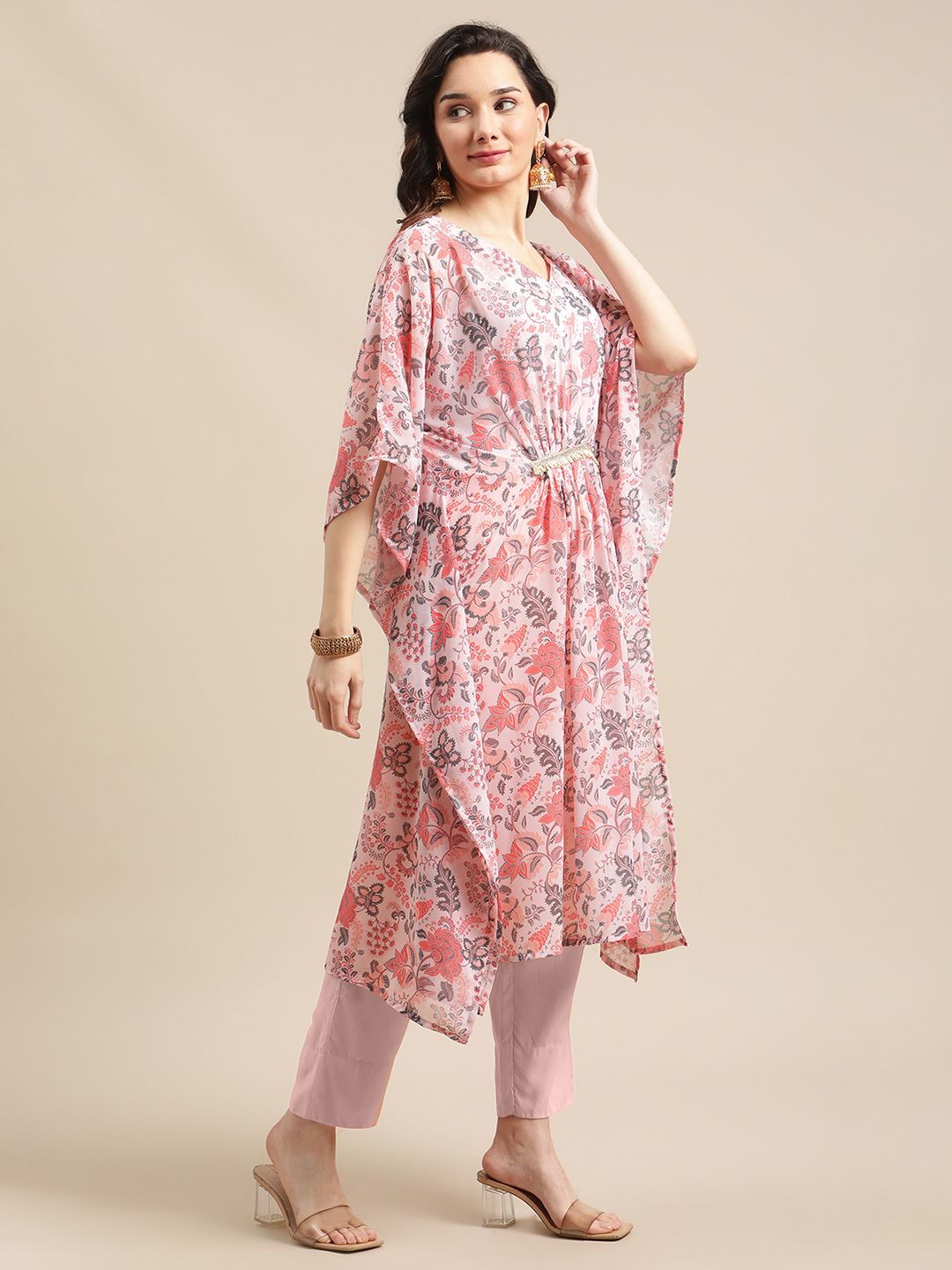 Dhiyona VA Women's Peach-Coloured & Pink Floral Printed Kaftan Kurta With Trousers
