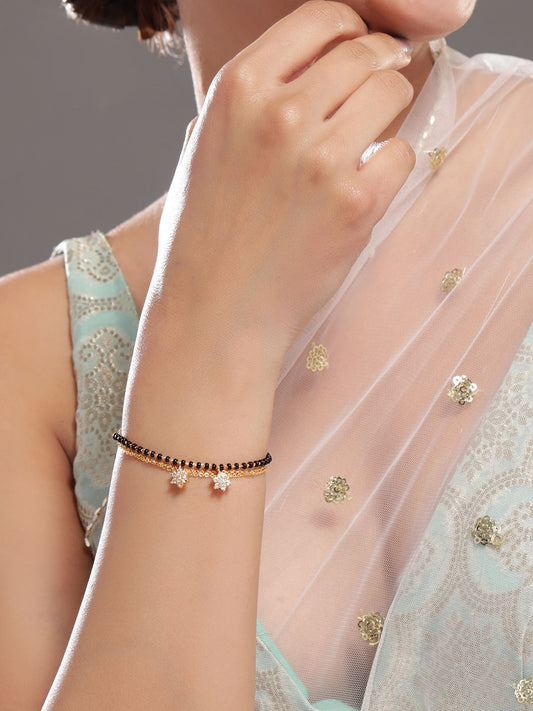 Dhiyona RJ Women's 18K Gold-Plated Zirconia Drops with Black & Gold Beaded Mangalsutra Bracelet