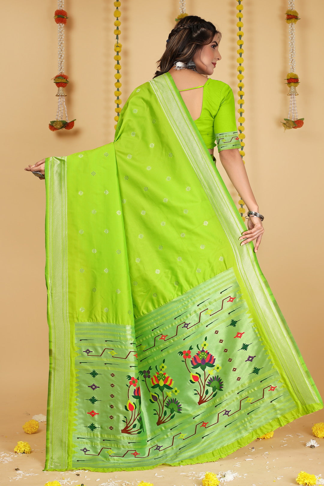 Dhiyona GR Women's Mastani Parrot Green Zari Paithani Silk Saree