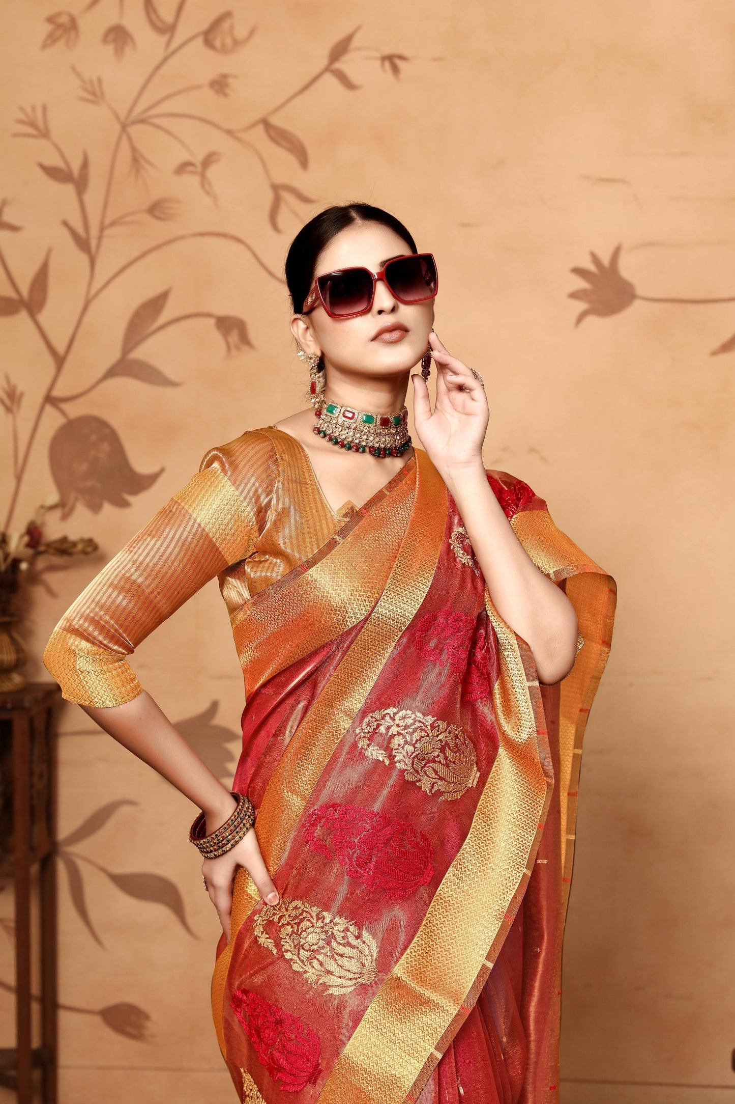 Dhiyona GR Women's Keri Red Tissue Cotton Silk Saree