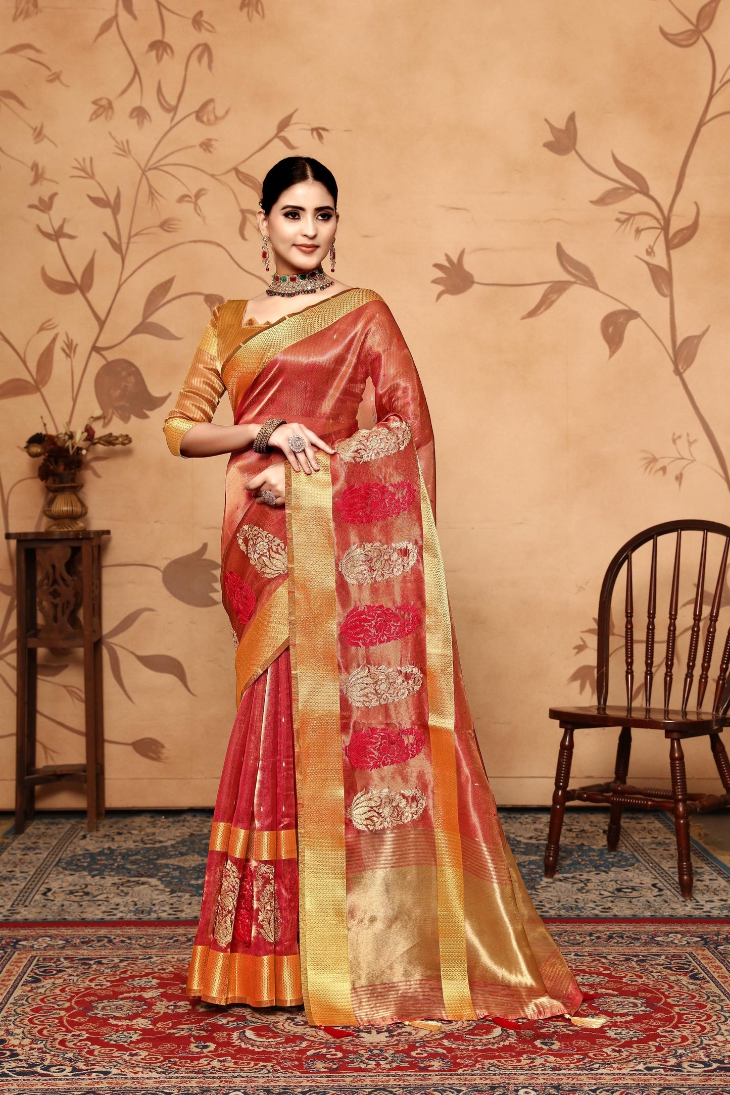 Dhiyona GR Women's Keri Red Tissue Cotton Silk Saree