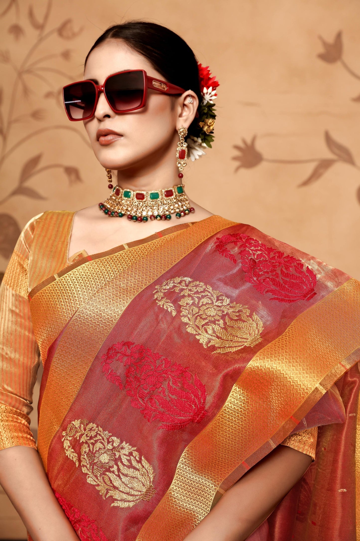 Dhiyona GR Women's Keri Red Tissue Cotton Silk Saree
