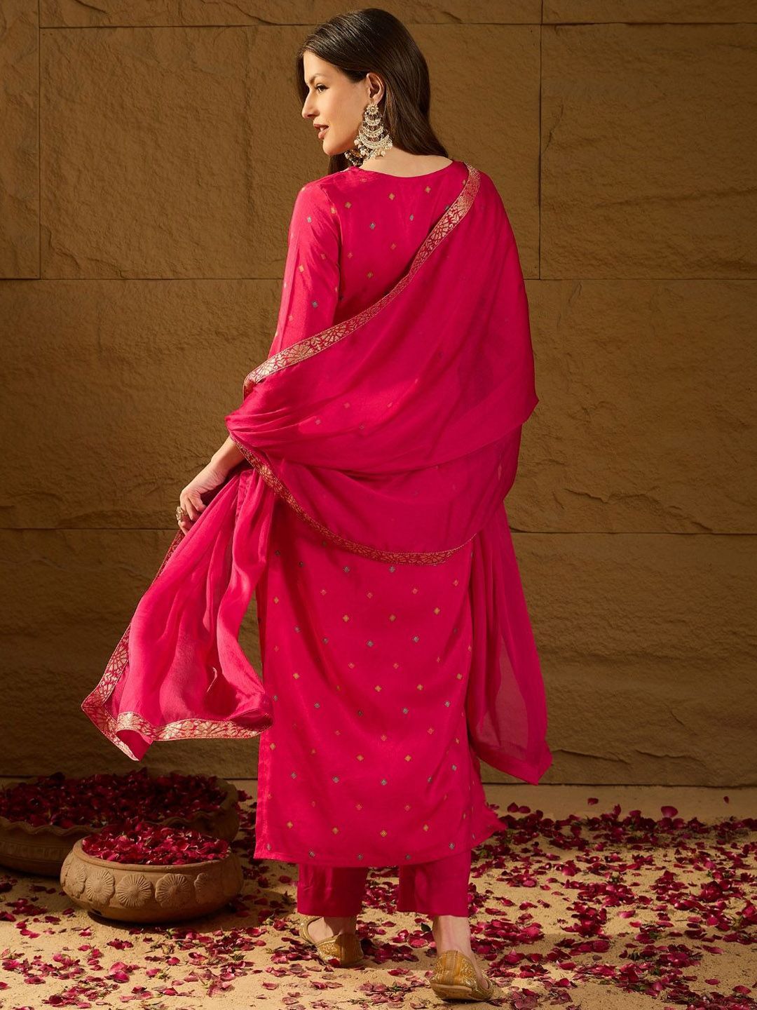 Dhiyona PD Women Floral Woven Design Kurta With Trouser And Dupatta Set