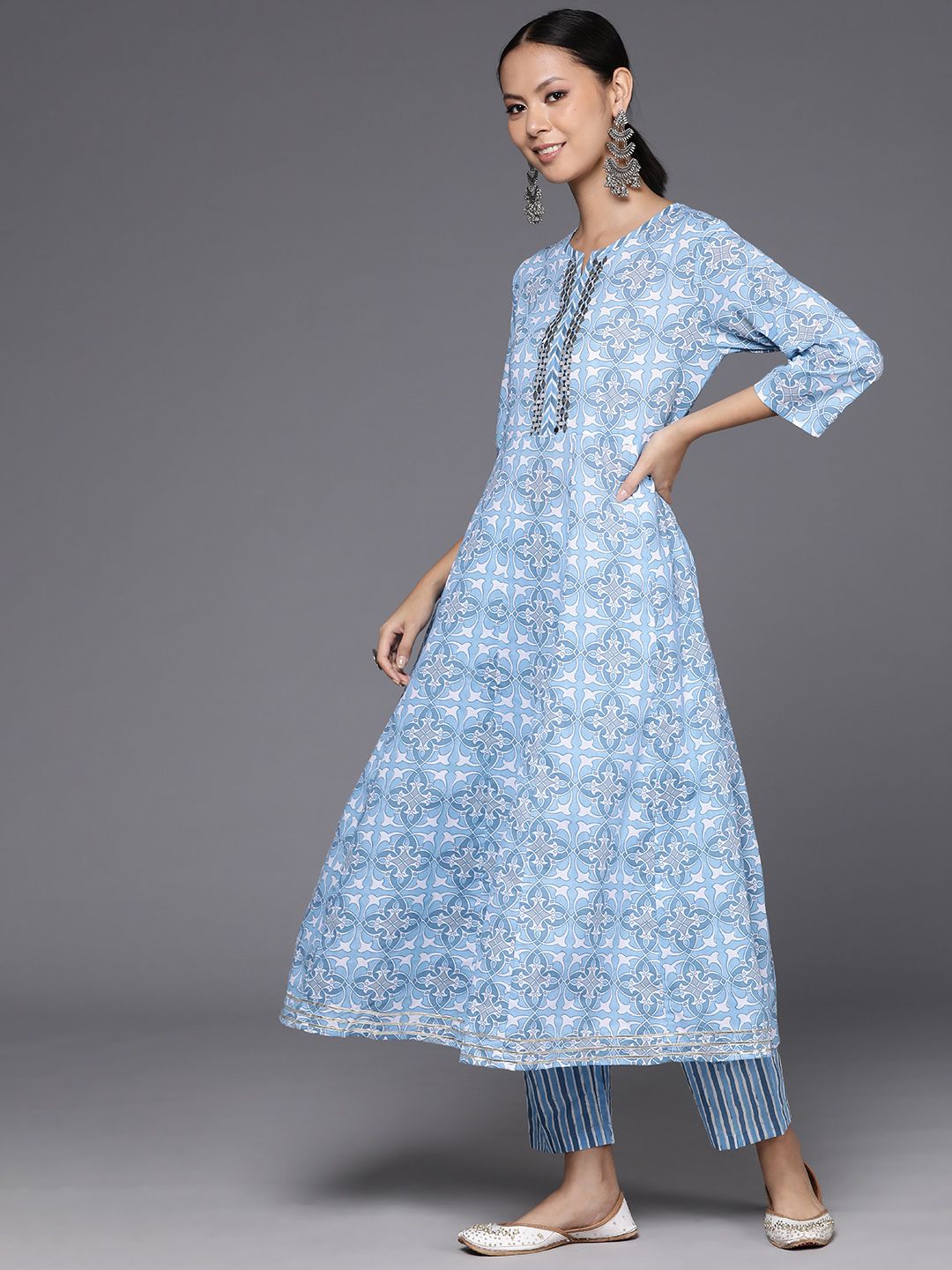 Dhiyona VA Women'sPrinted Empire Mirror Work Pure Cotton Kurta with Trousers & Dupatta