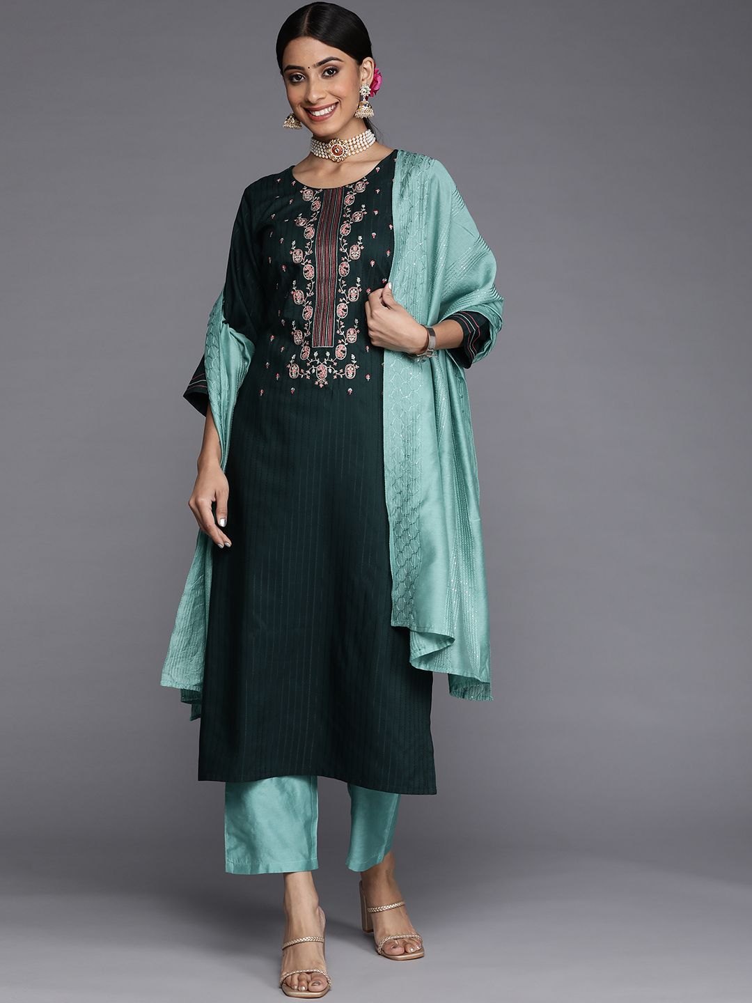 Dhiyona VA Women's Green Yoke Design Thread Work Dupion Silk Kurta with Trousers & Dupatta