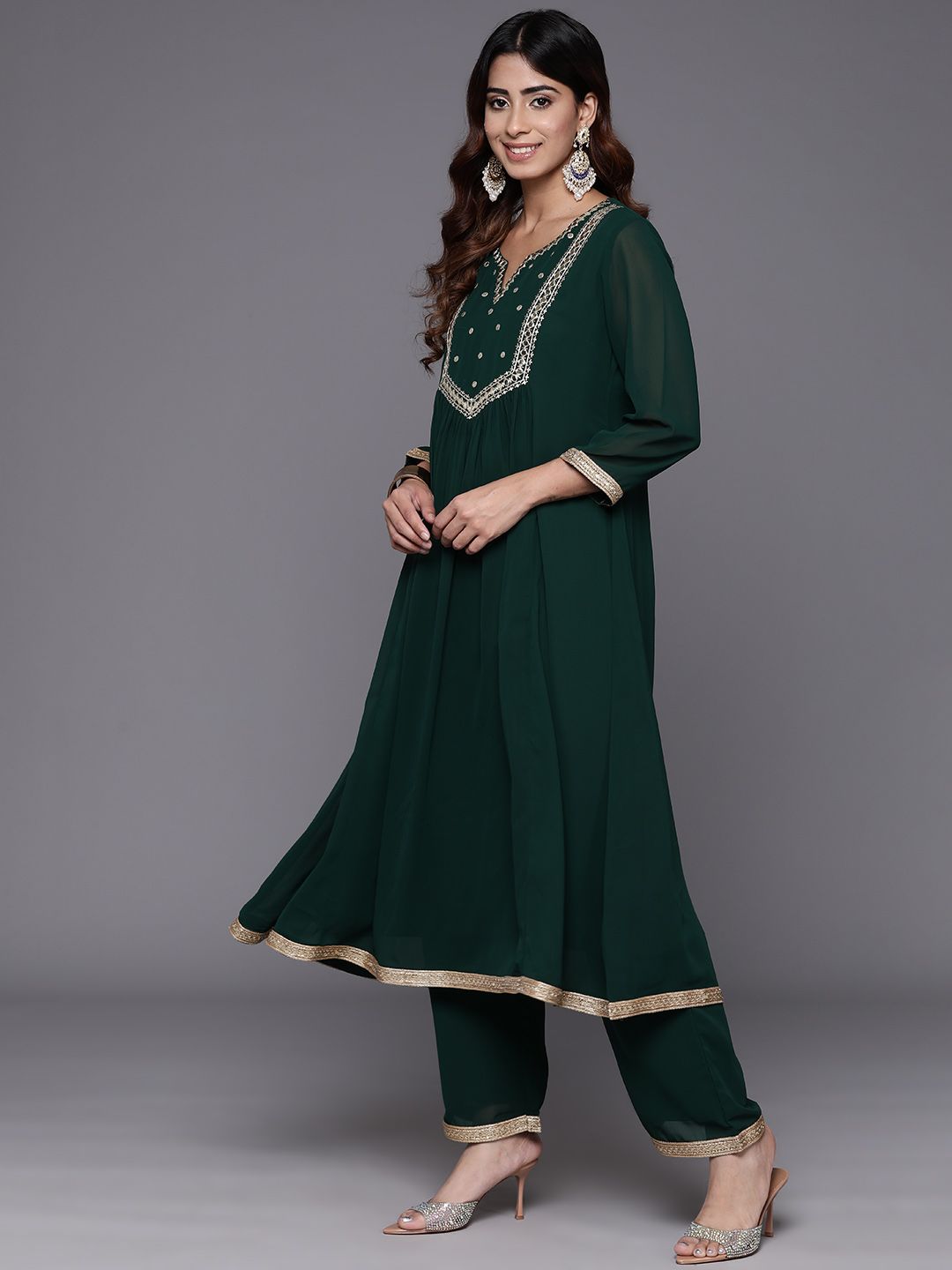 Dhiyona VA Women's Embroidered Empire Mirror Work Silk Georgette Kurta with Trousers & With Dupatta