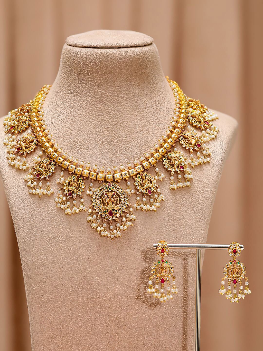Dhiyona RJ Women's 24K Gold-Plated Lakshmi Temple Necklace Set with Ruby Stones & Pearl Detailing