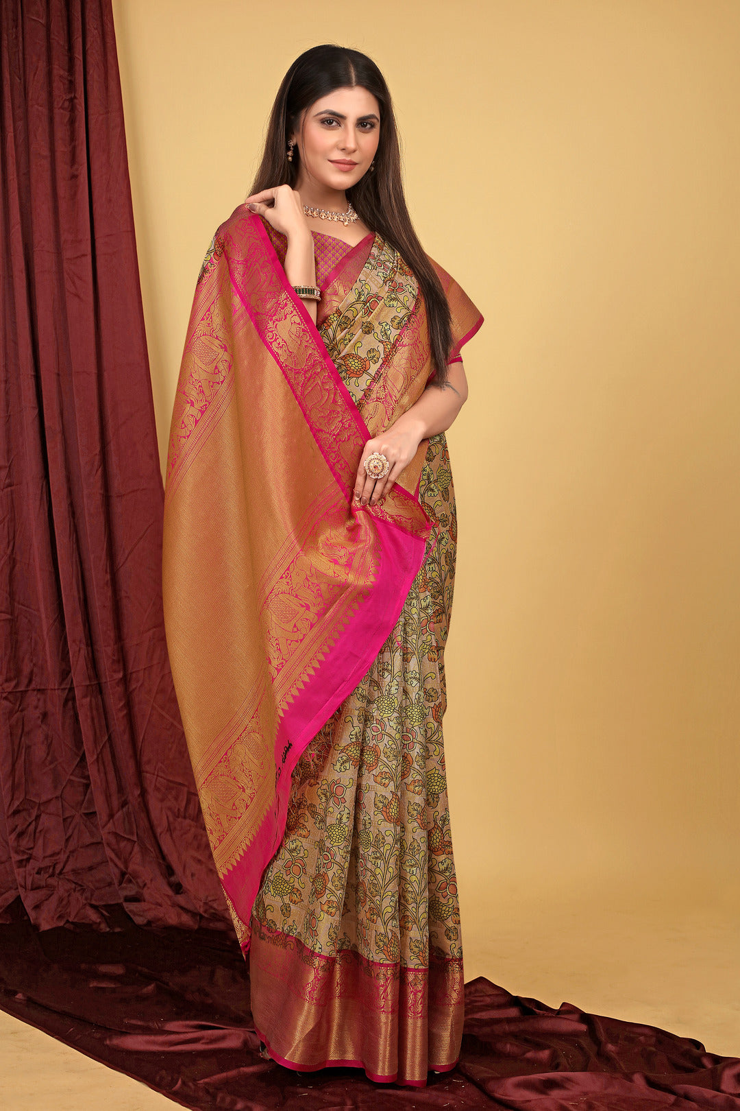 Dhiyona GR Women's Peach Kalamkari Silk Saree