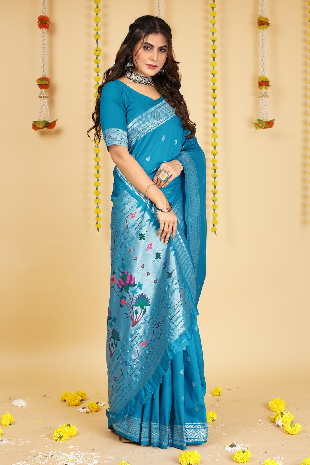 Dhiyona GR Women's Mastani Cyan Blue Zari Paithani Silk Saree