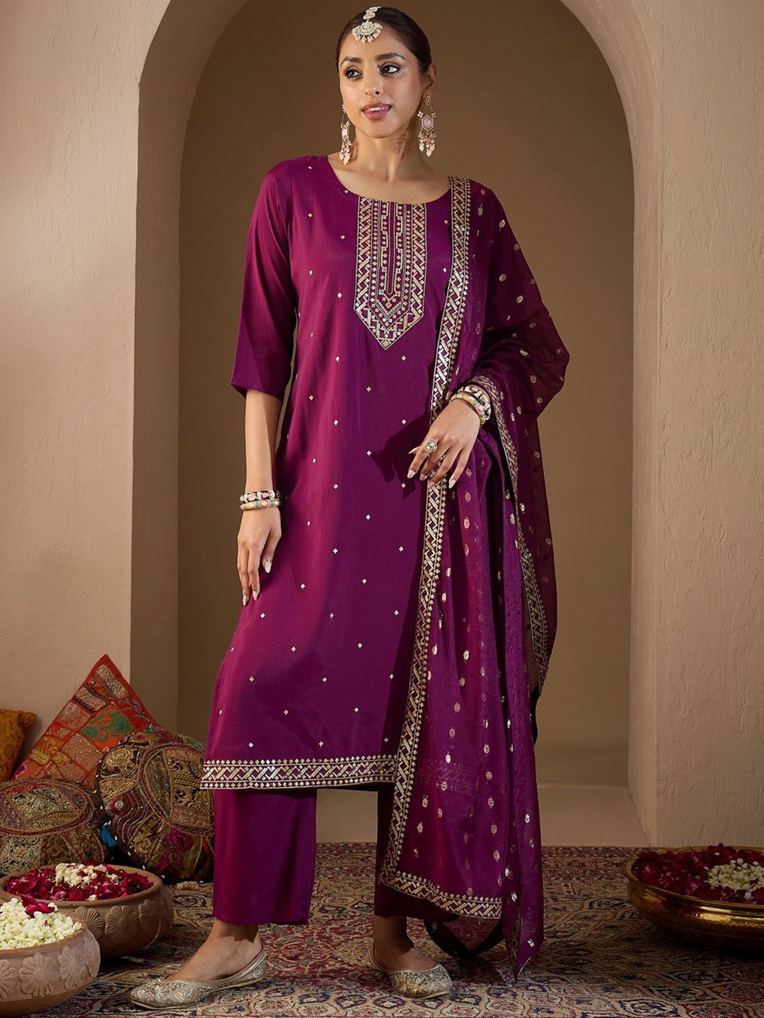 Dhiyona IE Women Ethnic Motifs Embroidered Regular Sequinned Kurta with Trousers & With Dupatta