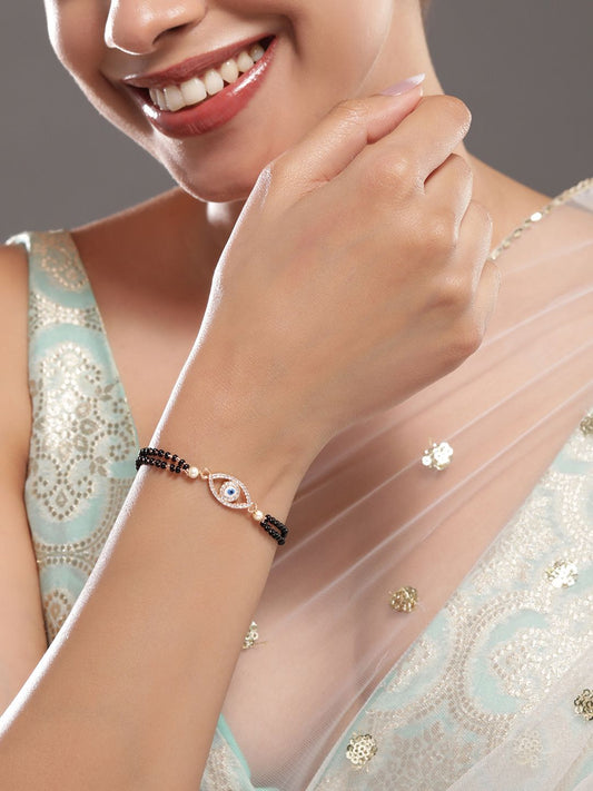 Dhiyona RJ Women's 18K Rose Gold-Plated Evil Eye Mangalsutra Bracelet with CubicZirconia & Black Beads