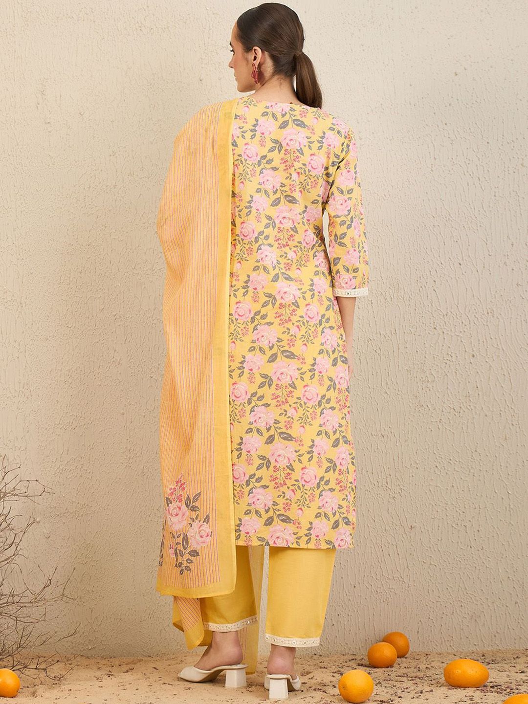 Dhiyona IE Floral Printed Thread Work Pure Cotton Straight Kurta With Trousers & Dupatta