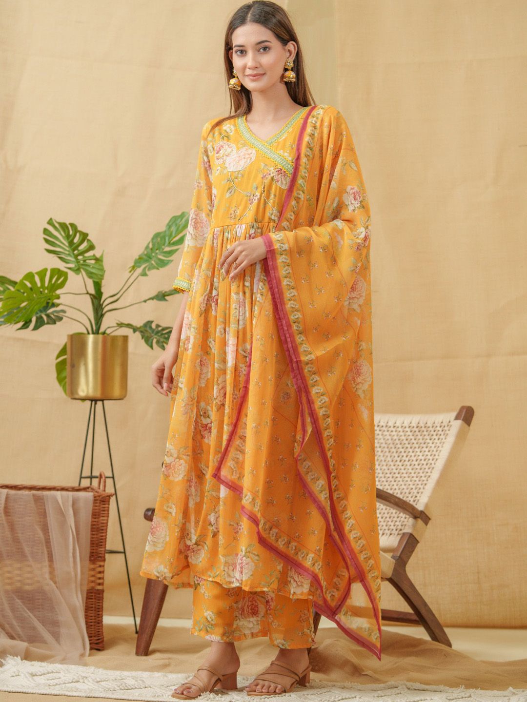 Dhiyona IS Women's V-Neck Floral Printed Angrakha Kurta with Palazzos & Dupatta