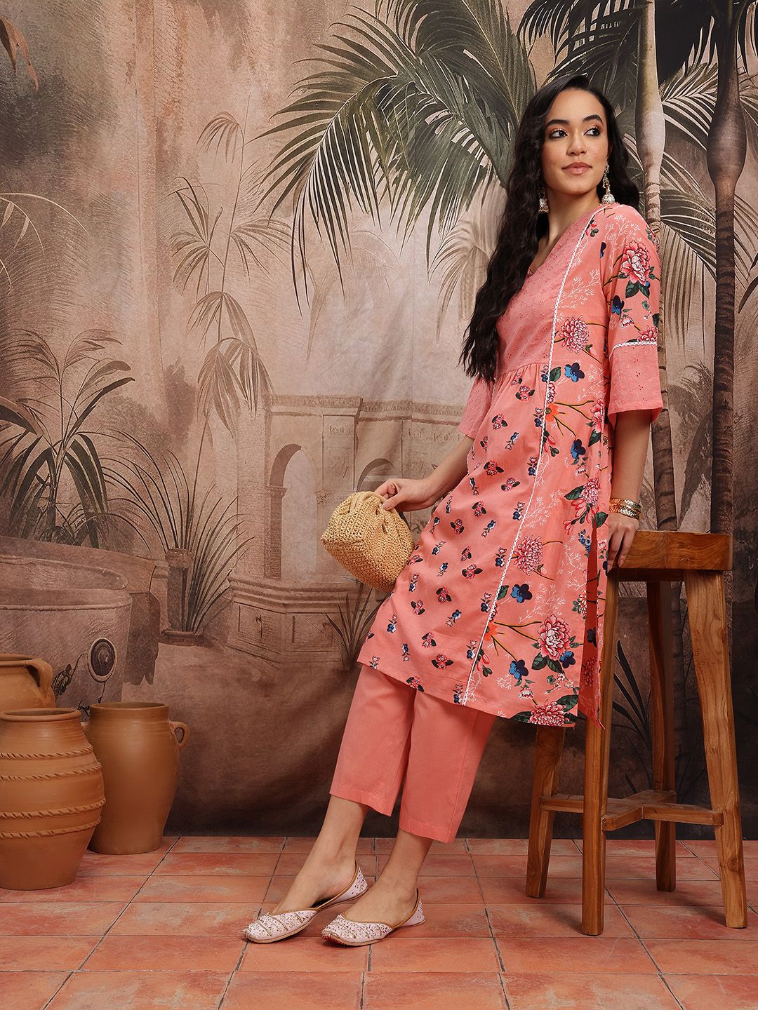 Dhiyona SN Women's Floral Print Schiffli Embroidered Lace Insert Detail Pure Cotton Kurta & Trousers