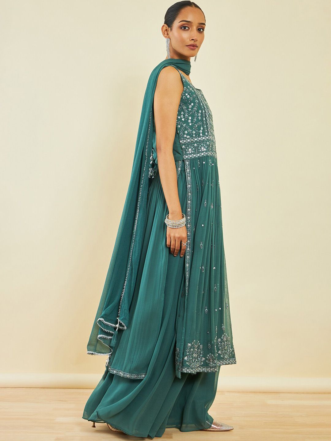 Dhiyona SO Women's Floral Embroidered Beads And Stones A-line Kurta With Palazzos & Dupatta