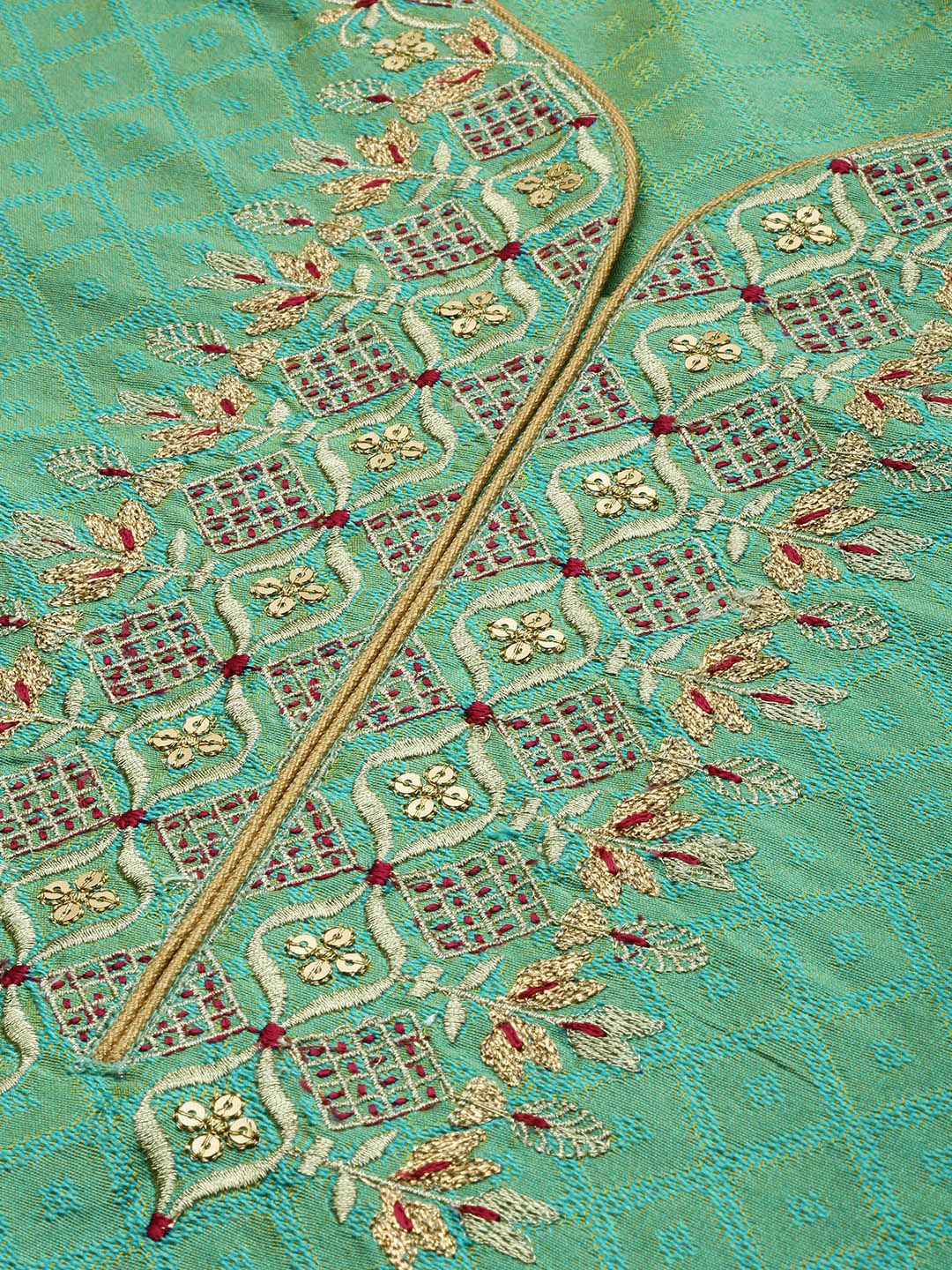 Dhiyona VA Women's Sea Green & Gold-Toned Embroidered Kurta with Trousers & Dupatta