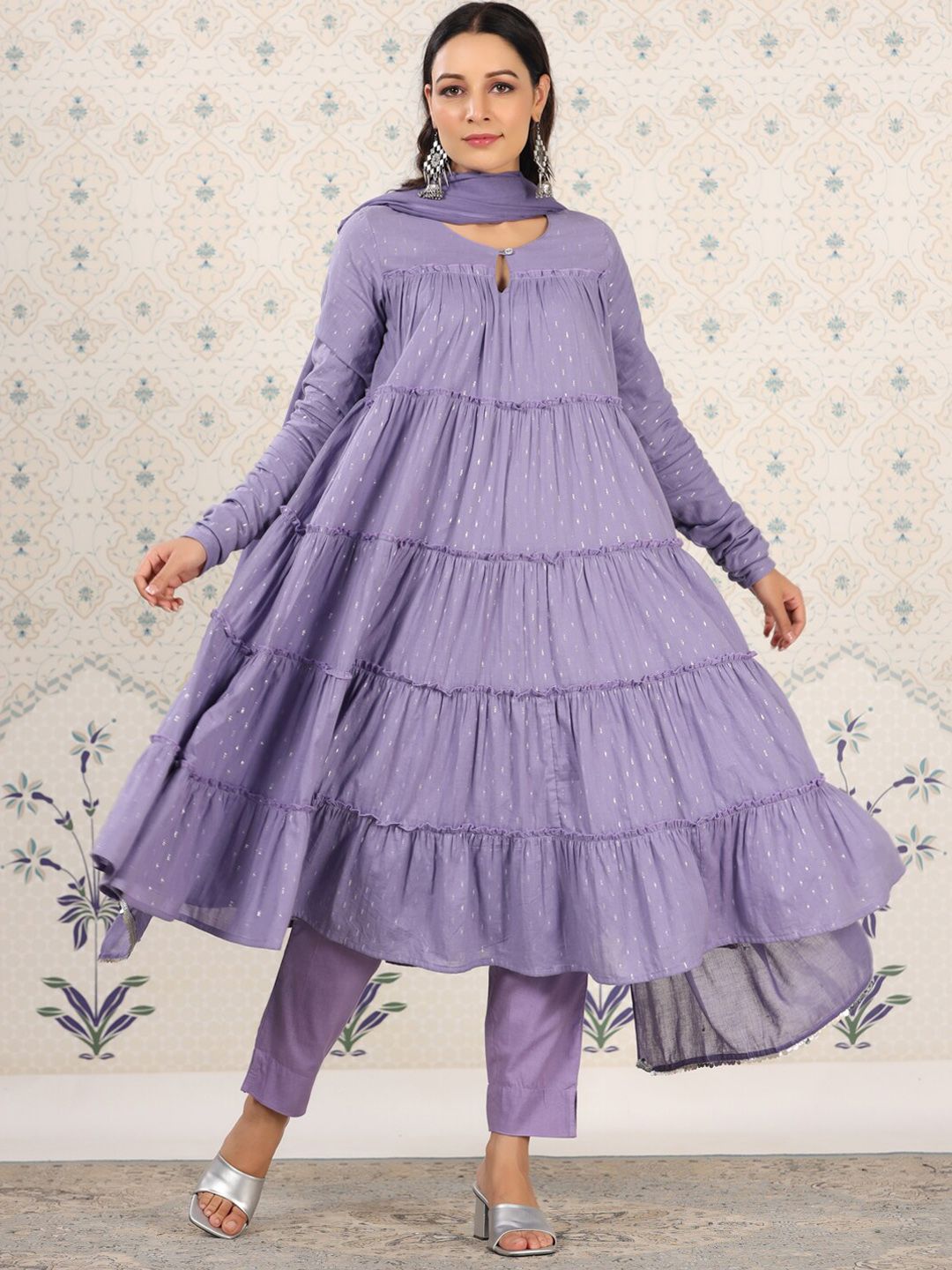 Dhiyona OD Keyhole Neck A-Line Tiered Woven Design Pure Cotton Kurta Set