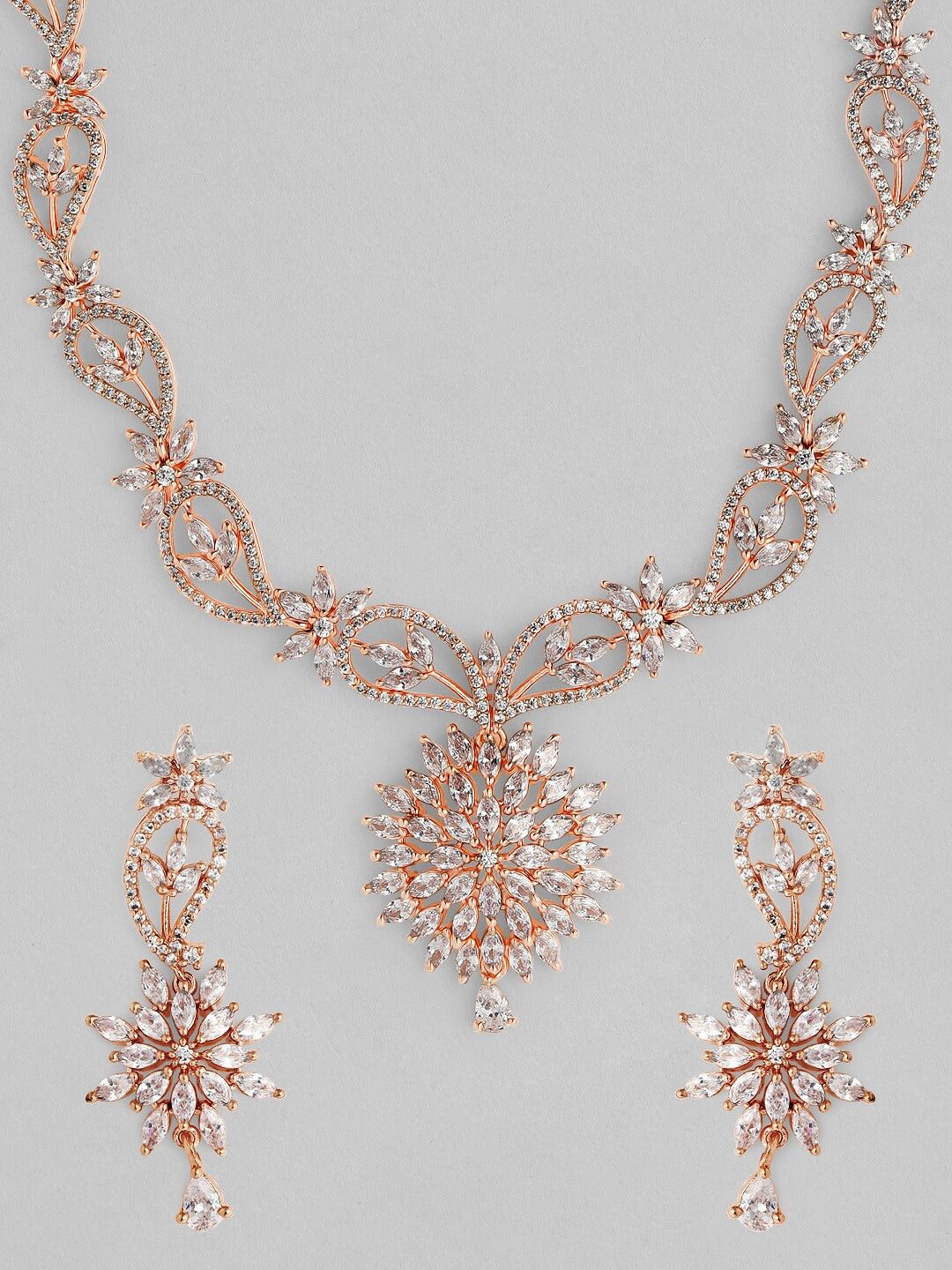 Dhiyona RJ Women's Rose Gold-Plated & White Cubic-Zirconia Studded Handcrafted Jewellery Set
