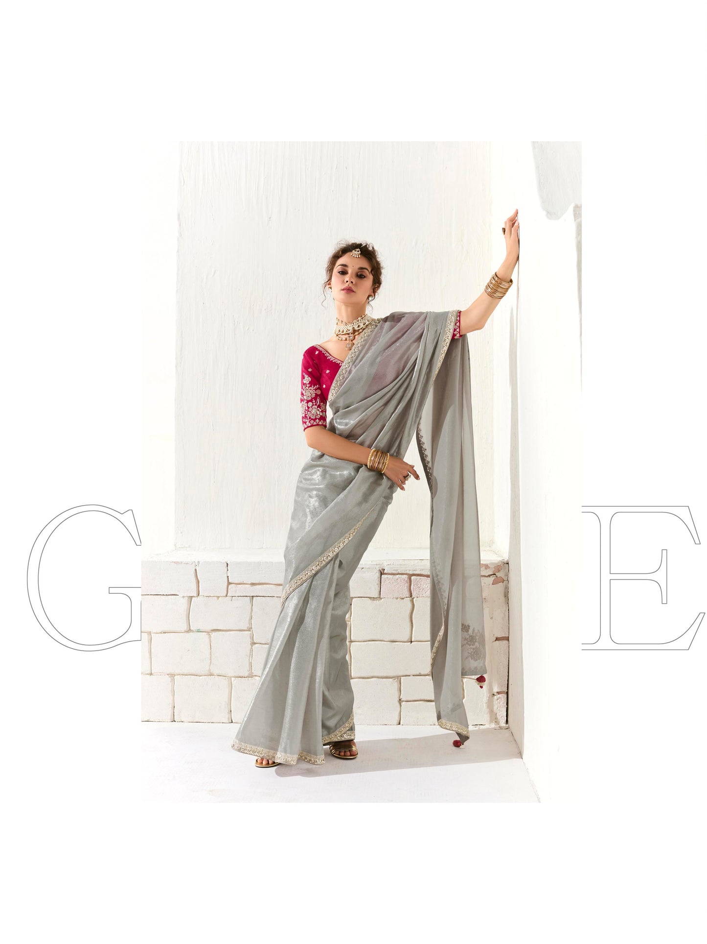 Dhiyona KM Women Elegant Grey Silk Organza Saree With Red Blouse “ Inspired By Shadows & Fire