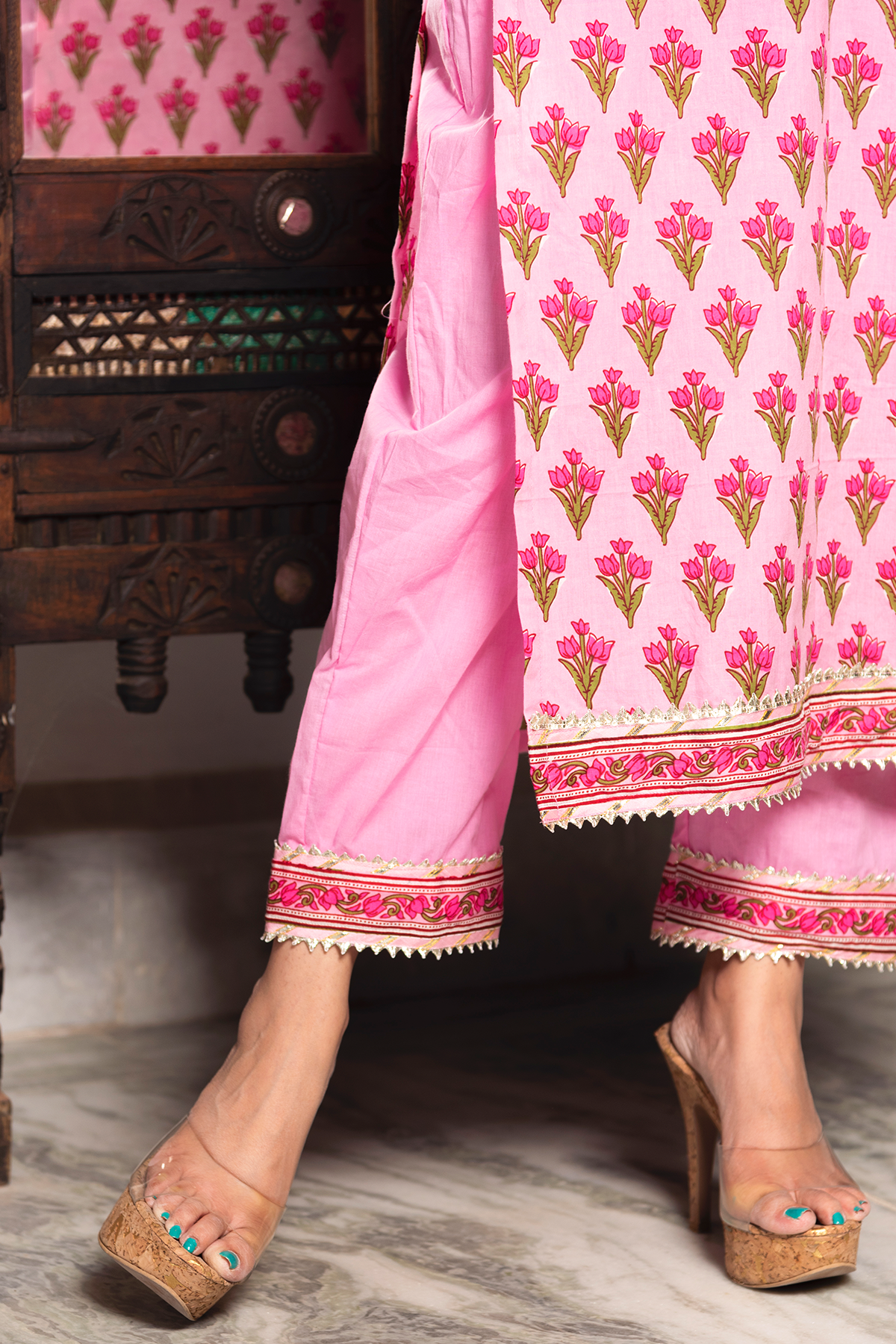 Gulbahar Pink Hand Block Print Suit With Soft Net Lace Work Dupatta Set