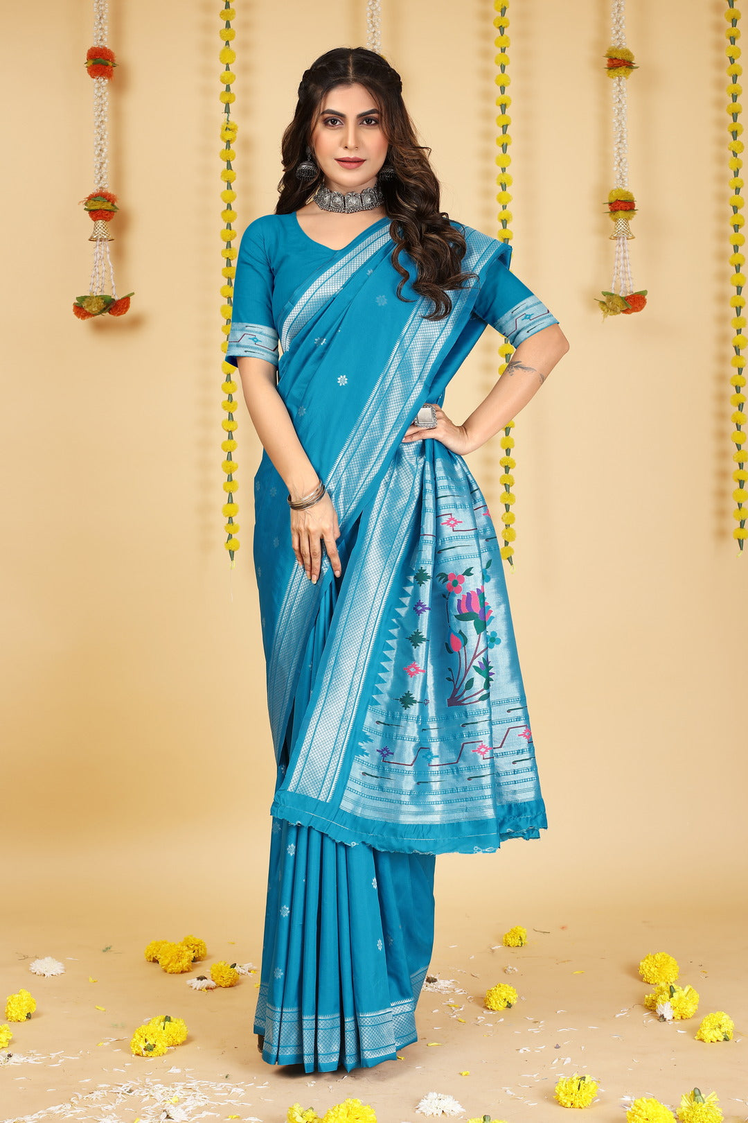 Dhiyona GR Women's Mastani Cyan Blue Zari Paithani Silk Saree