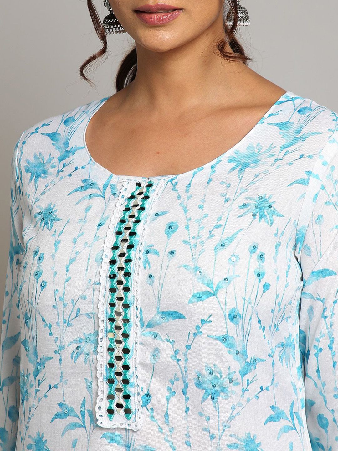 Dhiyona OD Floral Printed Sequinned Linen Kurta with Trousers & Dupatta