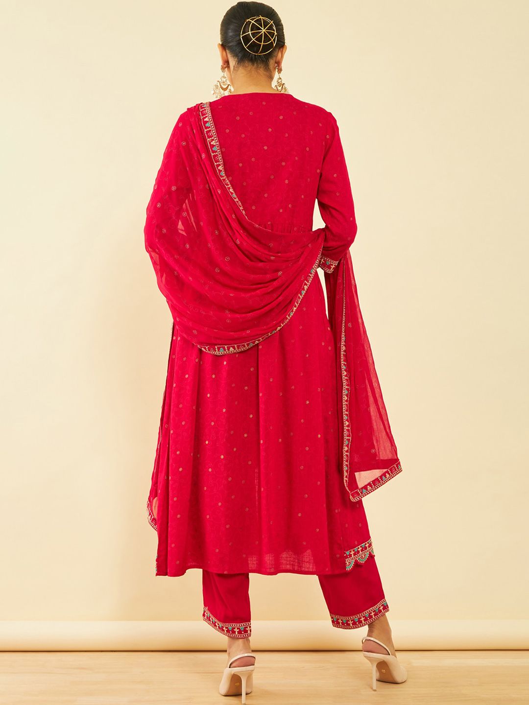 Dhiyona SO Women's Alina Cut Fuchsia Ethnic Motifs Embroidered Pleated Sequinned Kurta With Trousers & Dupatta
