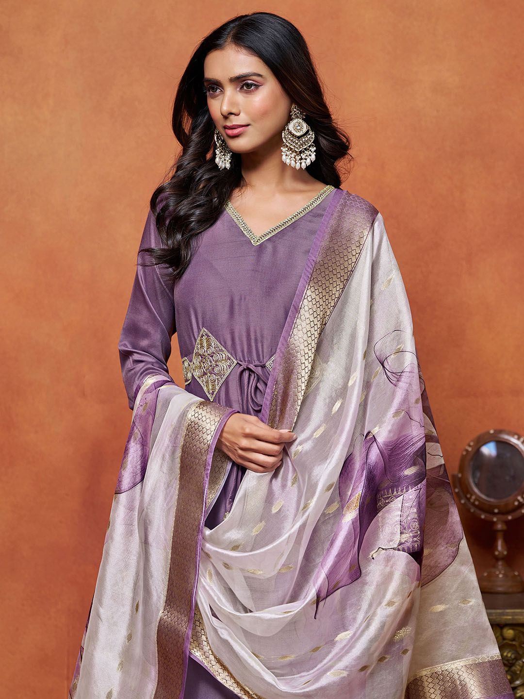 Dhiyona SN Women's Purple Floral Embroidered Cotton Silk Anarkali Kurta With Trousers And Dupatta