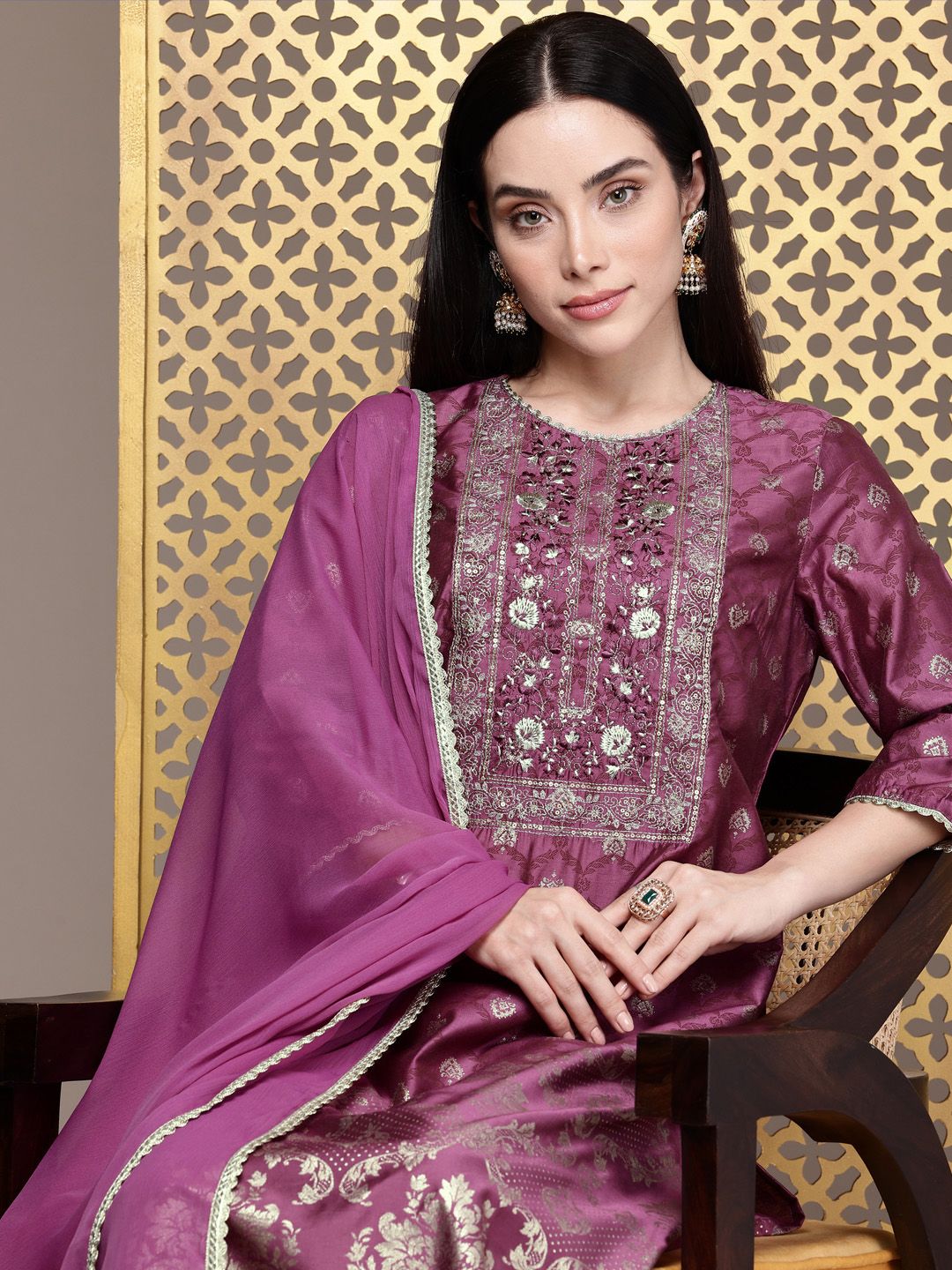 Dhiyona PD Women Floral Embroidered Sequinned Jashn Kurta with Palazzos & With Dupatta