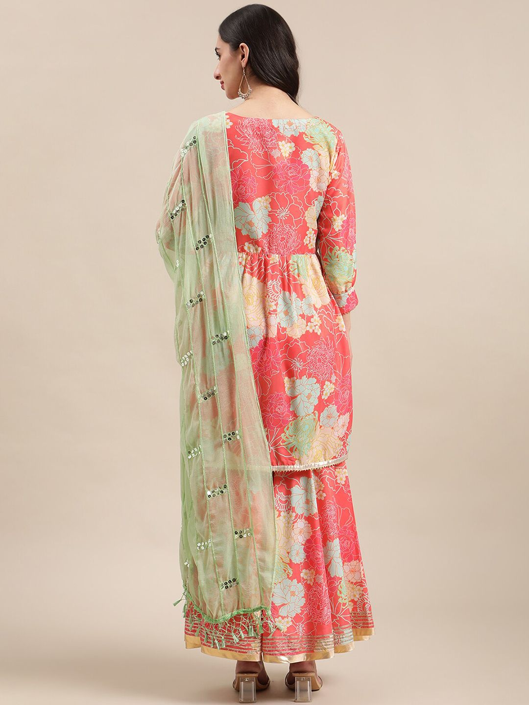 Dhiyona VA Women's Coral Floral Printed Empire Kurta with Sharara & With Dupatta