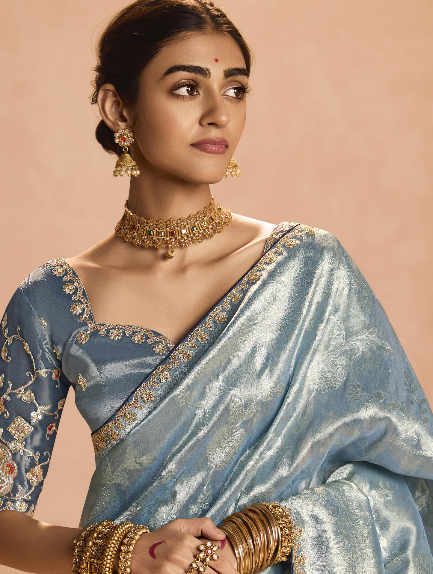 Dhiyona KM Women Elegant Grey Kanjivaram Silk Saree With Embroidered Blouse