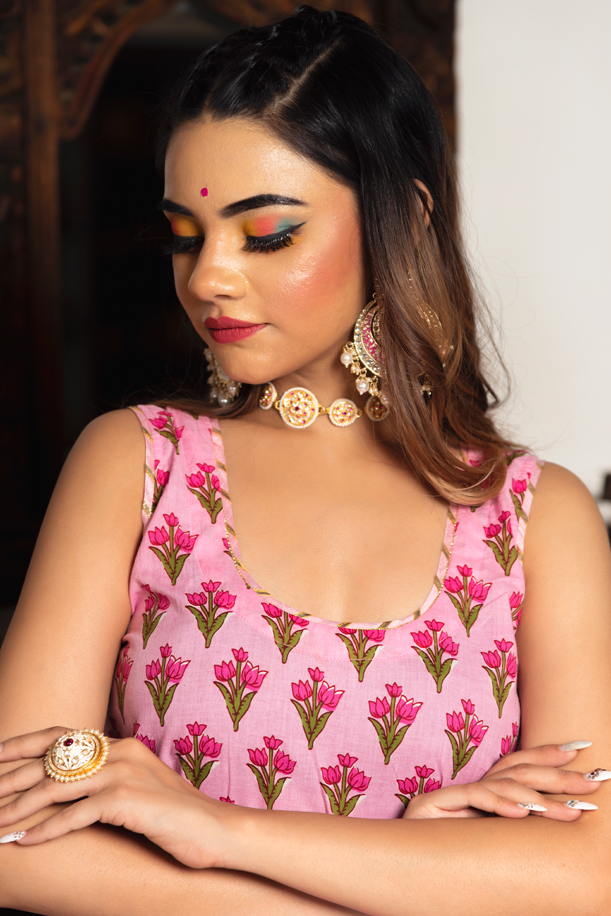 Gulbahar Pink Hand Block Print Suit With Soft Net Lace Work Dupatta Set