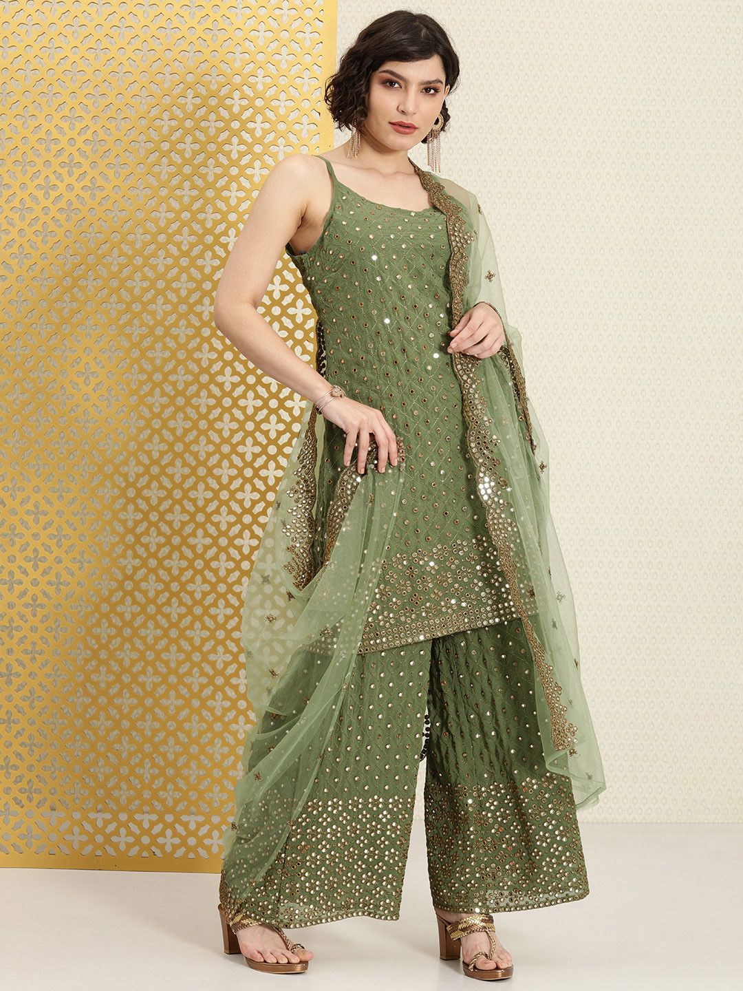 Dhiyona PD Women Women Green Mirror Work Jashn Kurta with Palazzos & With Dupatta