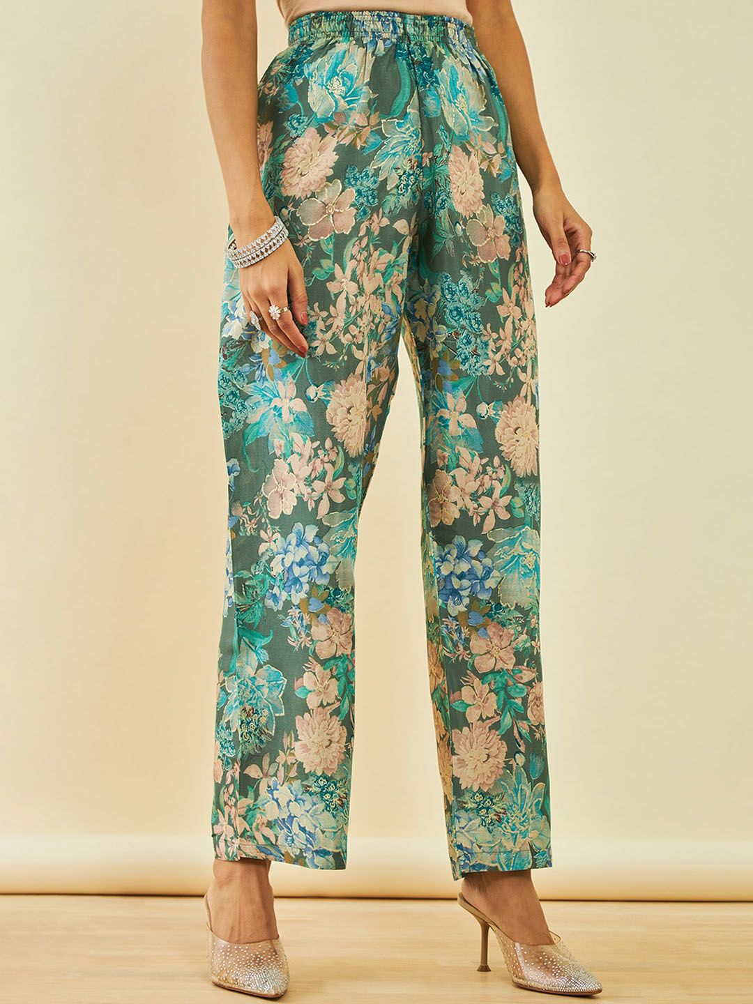 Dhiyona SO Women's Teal Floral Printed Regular Thread Work Kurta with Trousers