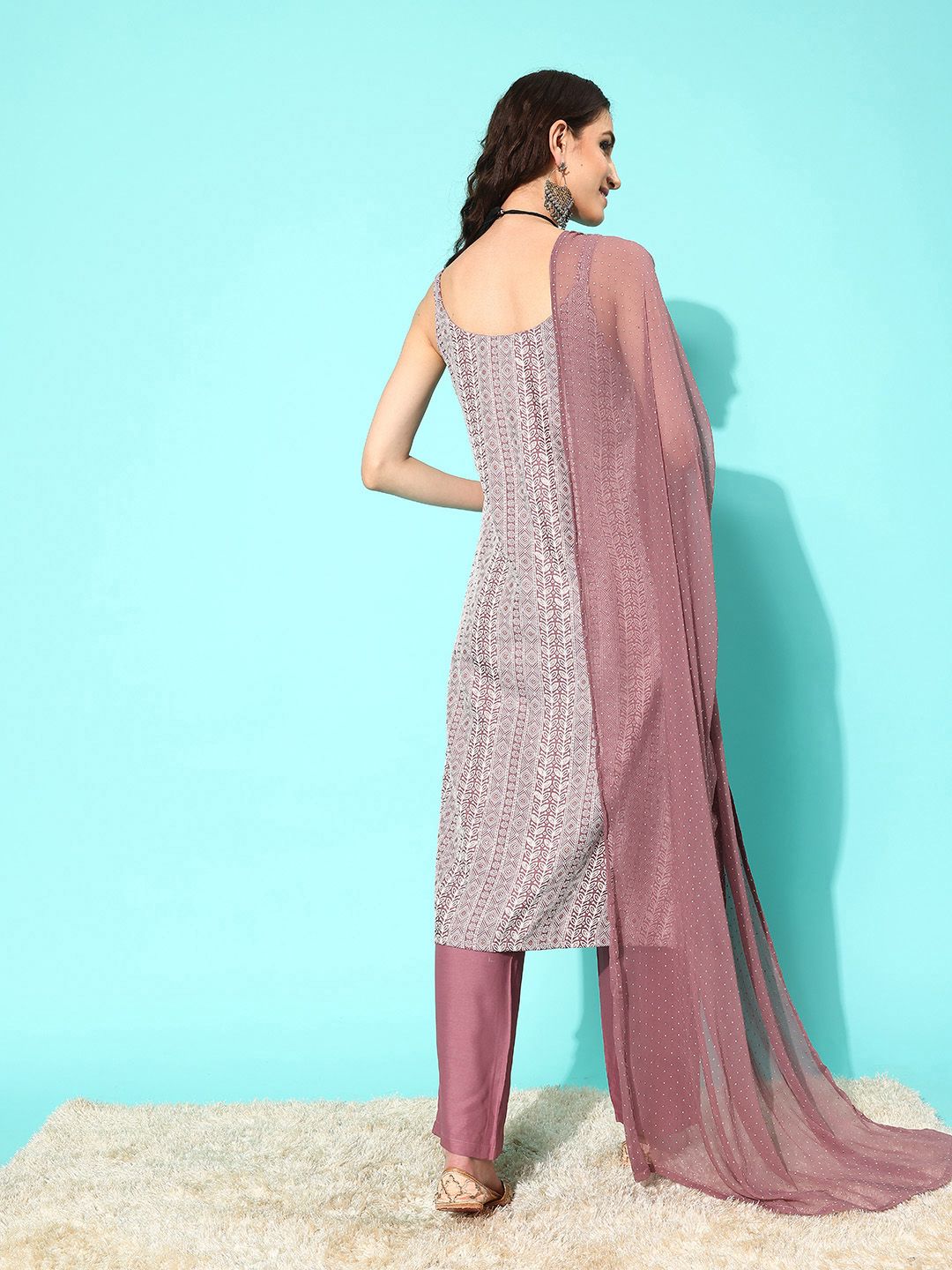 Dhiyona VA Women's Mauve Ethnic Motifs Embroidered Regular Kurta with Trousers & With Dupatta
