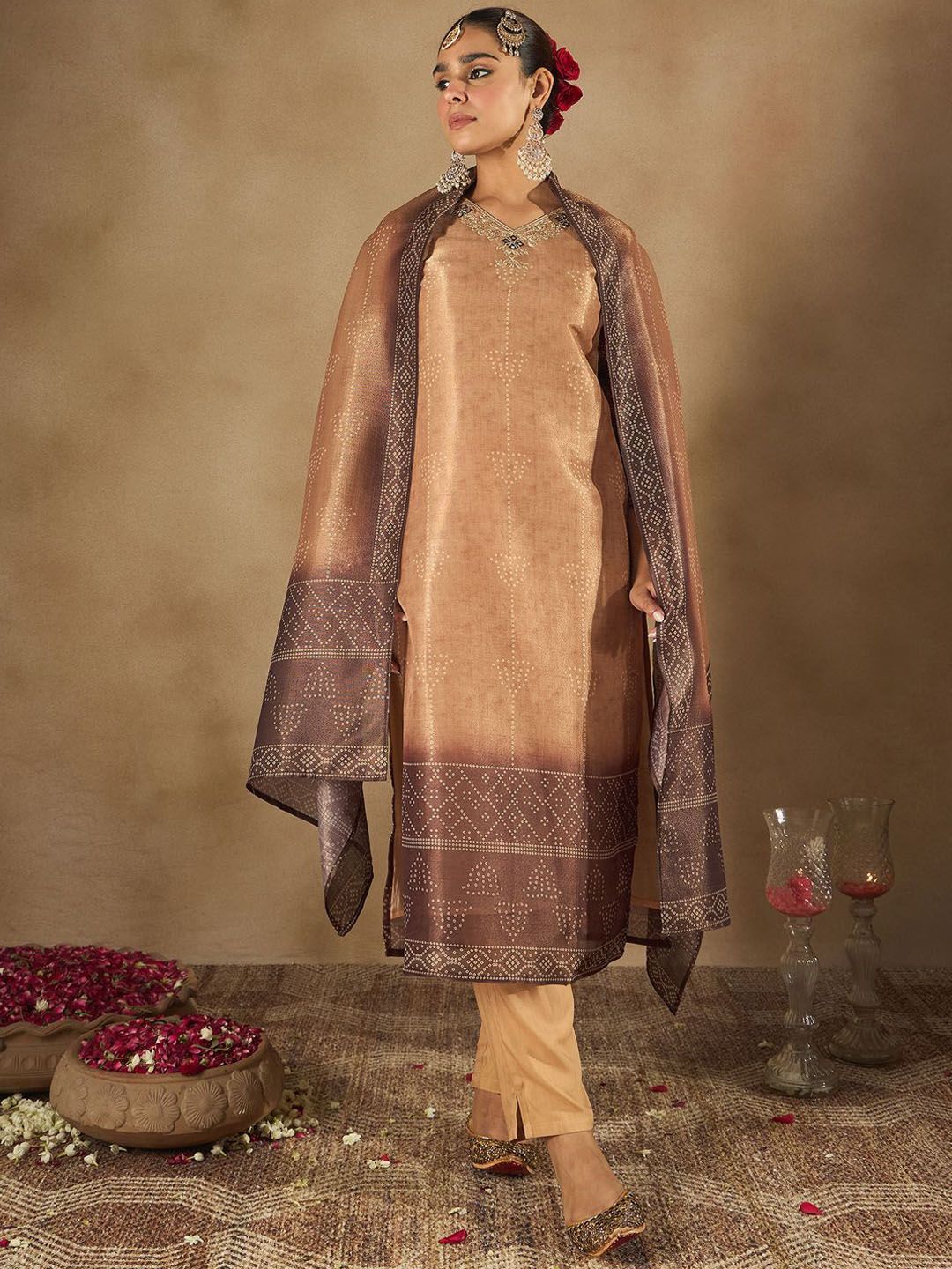 Dhiyona IE Women Bandhani Embroidered Regular Sequinned Kurta with Trousers & Dupatta