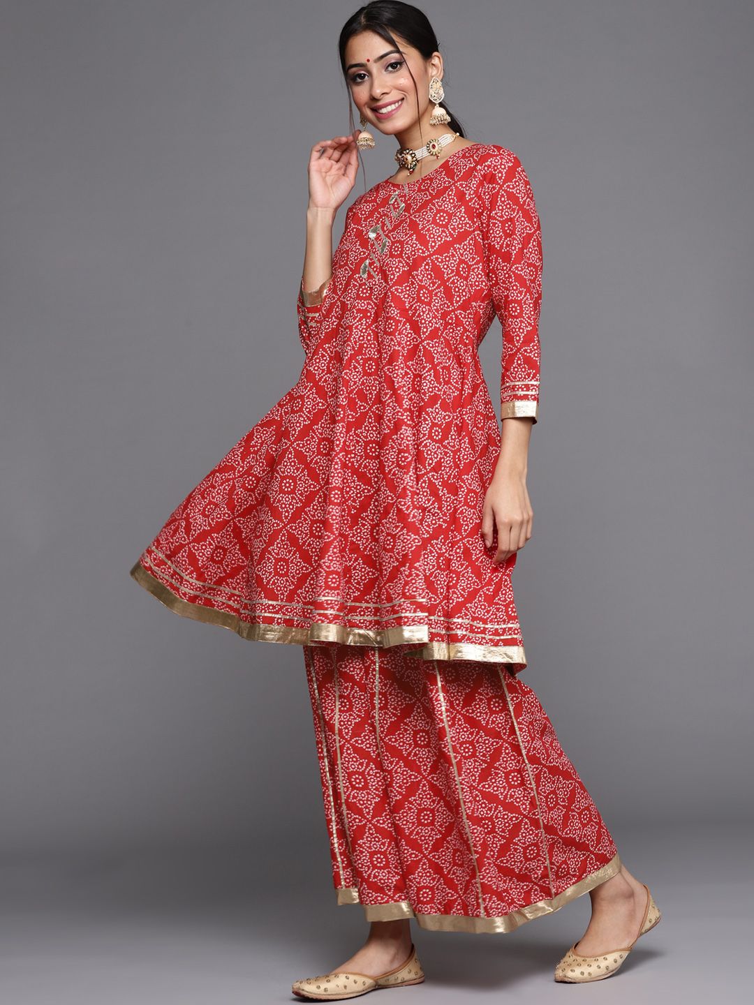 Dhiyona VA Women's Red & White Bandhani Printed Anarkali Kurta with Sharara & With Dupatta