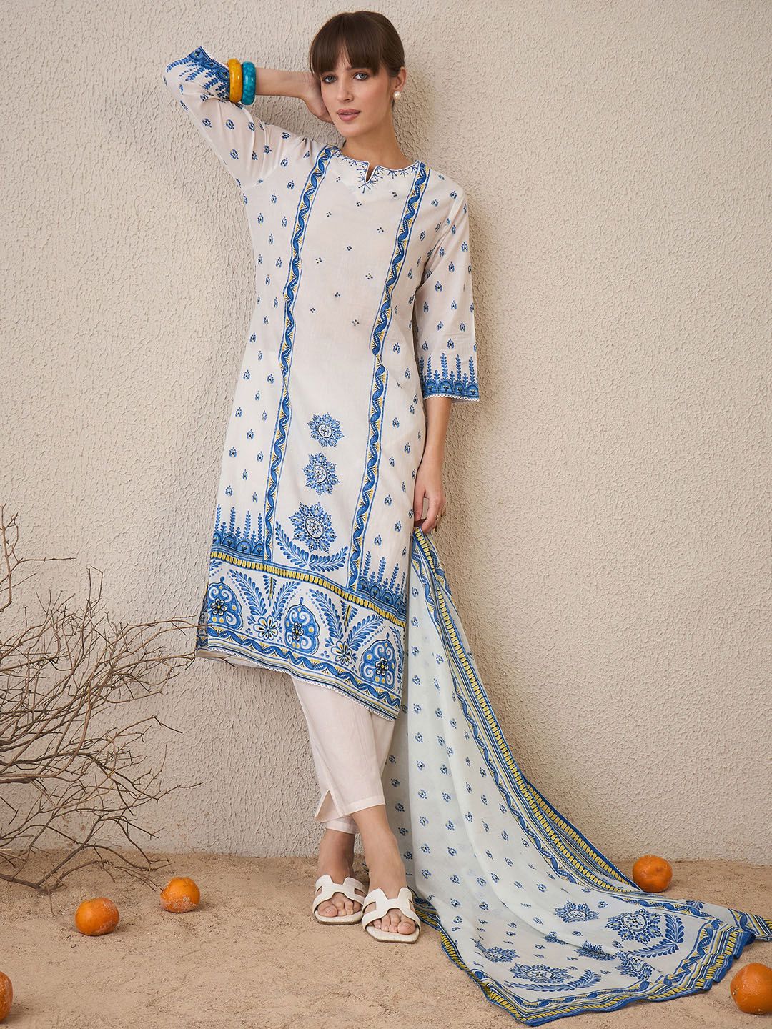 Dhiyona IE Floral Printed Pure Cotton Straight Kurta With Trousers & Dupatta