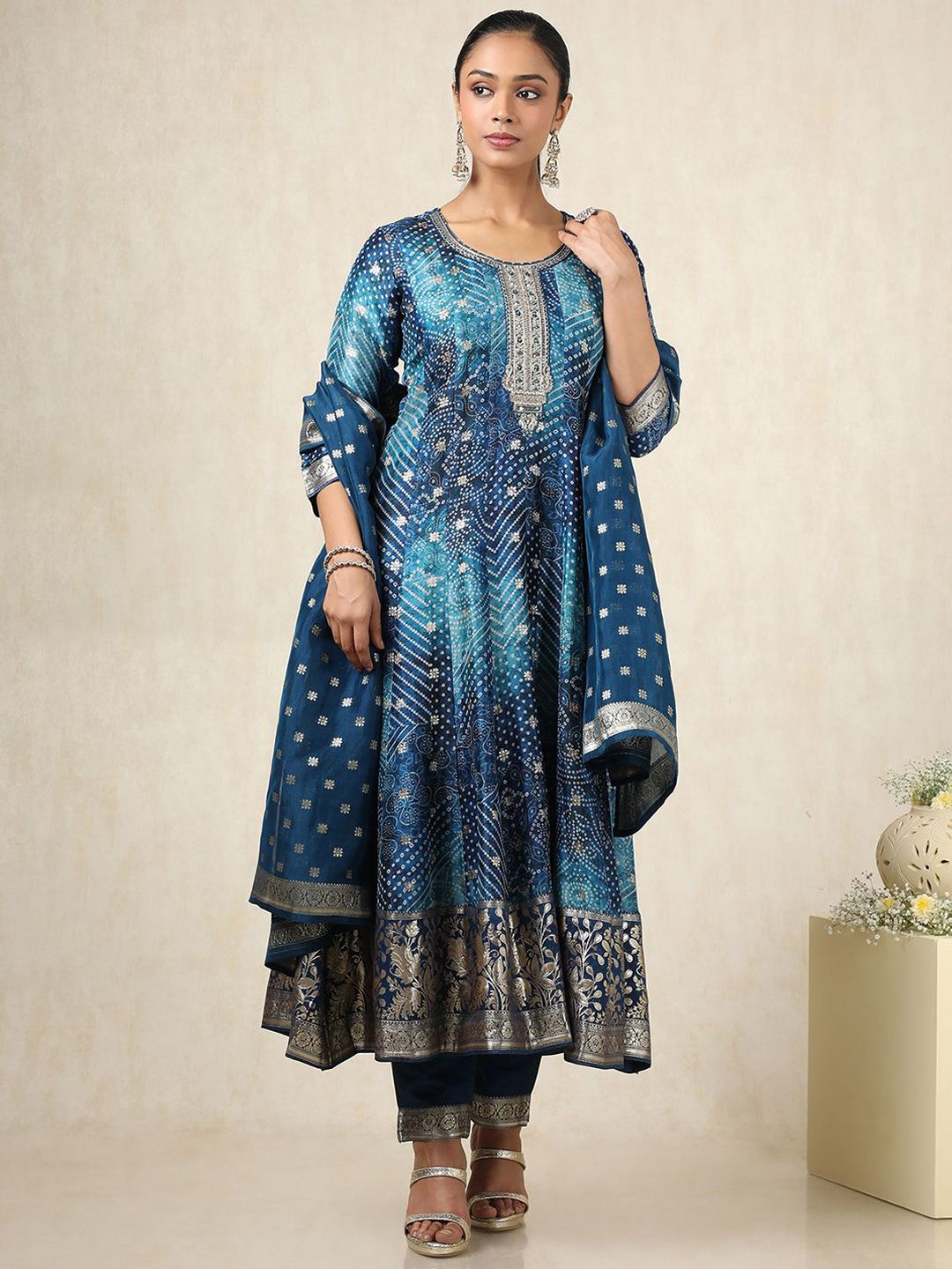 Dhiyona SO Women's Bandhani Printed Zari Work Brocade Anarkali Kurta With Trousers And Dupatta