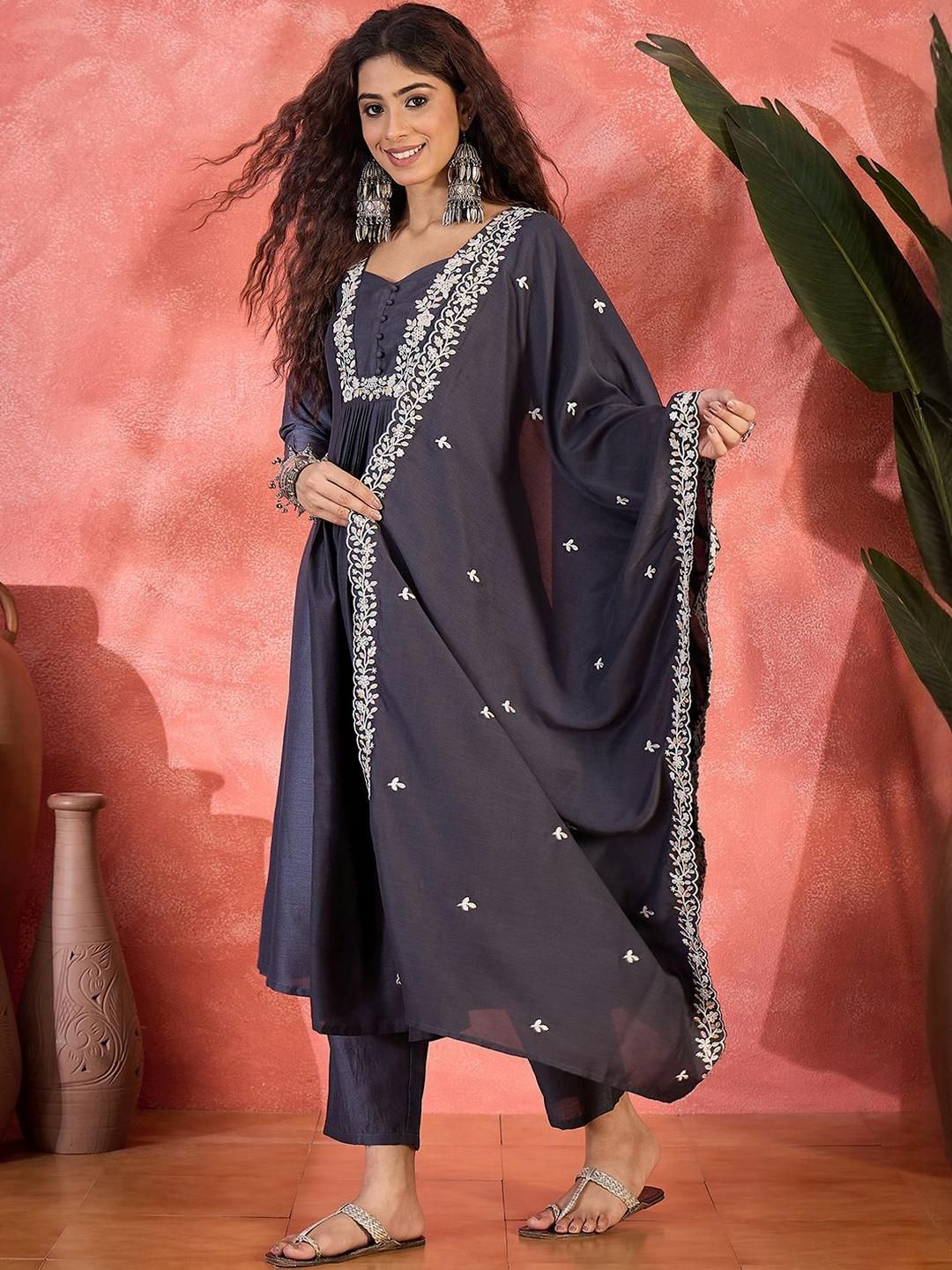 Dhiyona SN Women's Floral Yoke Design Thread Work A-Line Kurta With Trouser And Dupatta