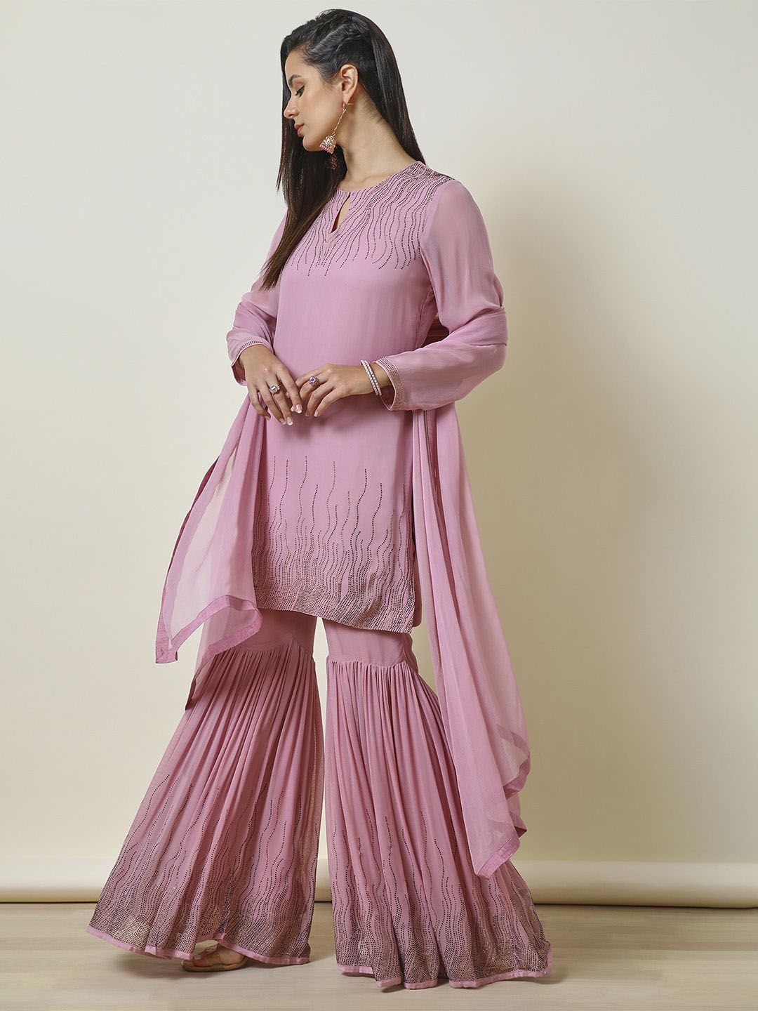 Dhiyona SO Women's Embroidered Regular Beads and Stones Straight Kurti with Sharara & Dupatta
